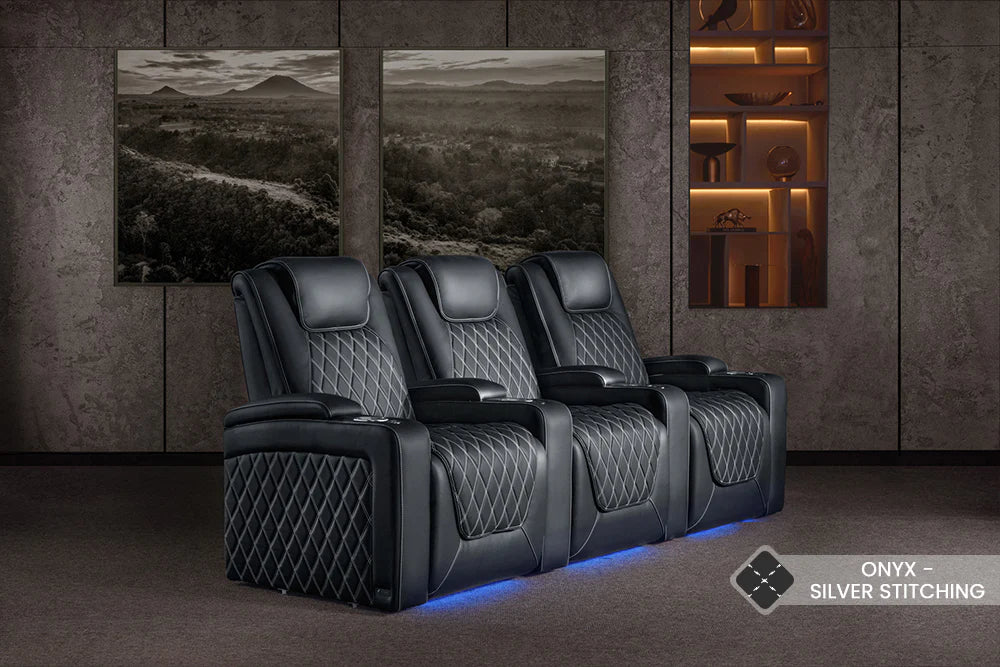 Valencia 2025 Oslo Ultimate Luxury Leather Home Theater Seating - 5-Seat Row Loveseat Left Facing in Onyx Black with Silver Stitching | Perfect for Home Cinemas, Media Rooms & Luxury Home Theaters