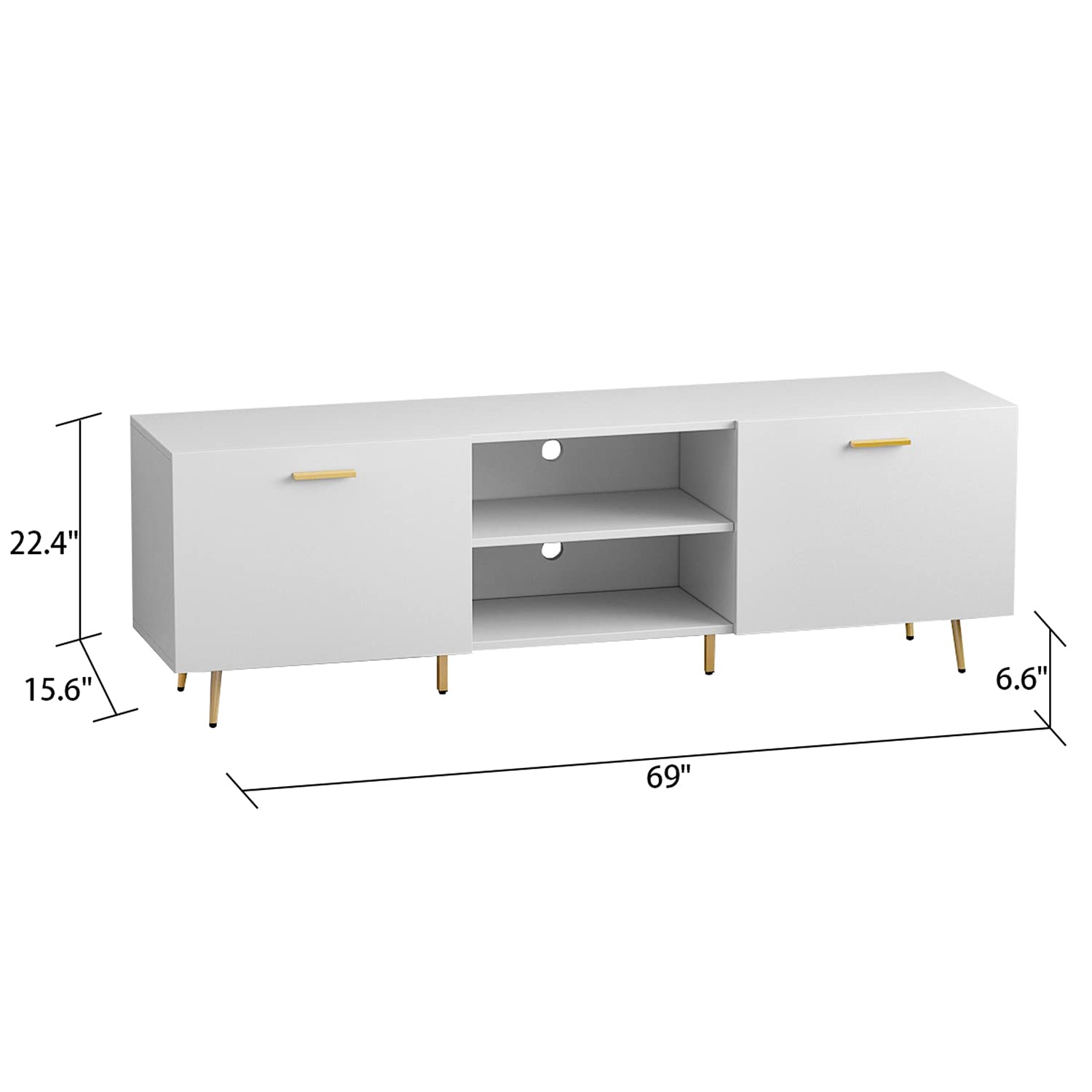 Homsee 75 Inch Modern TV Stand with 2 Doors & 2 Open Shelves - Gold Metal Legs Entertainment Center Console Table for Living Room & Bedroom - White (69”L x 15.6”W x 22.4”H) - Perfect for Home Theater Setup & Stylish Living Space Organization