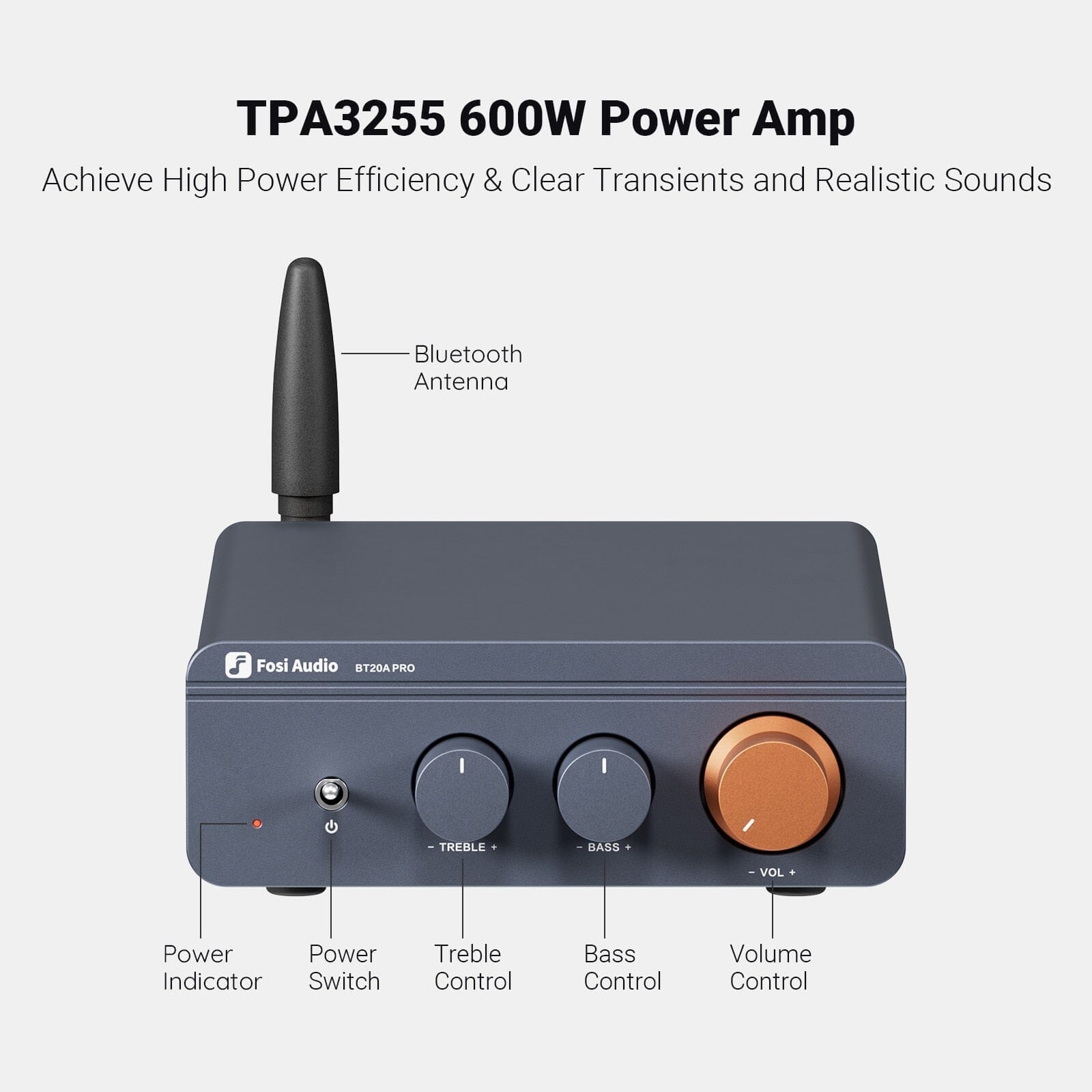 Fosi Audio BT20A Pro TPA3255 Bluetooth 5.0 Stereo Power Amplifier - 300Wx2 Hi-Fi Audio System for Home Theater, Speakers, Subwoofer - Perfect for Living Room, Gaming & Music Listening