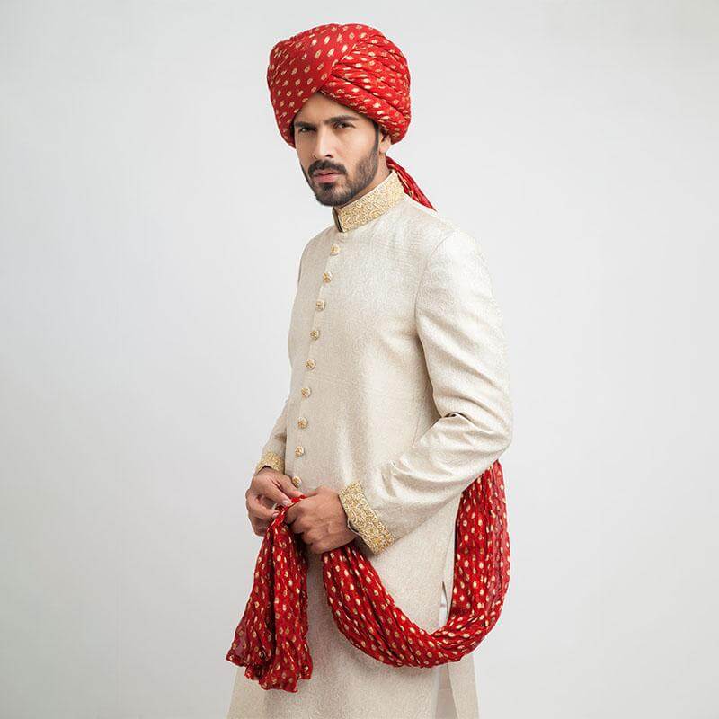 Luxury Ivory Pure Jamavar Silk Sherwani for Men - Handcrafted Indian Wedding Attire | Perfect for Groom Outfit, Sangeet Ceremony & Cultural Festivals
