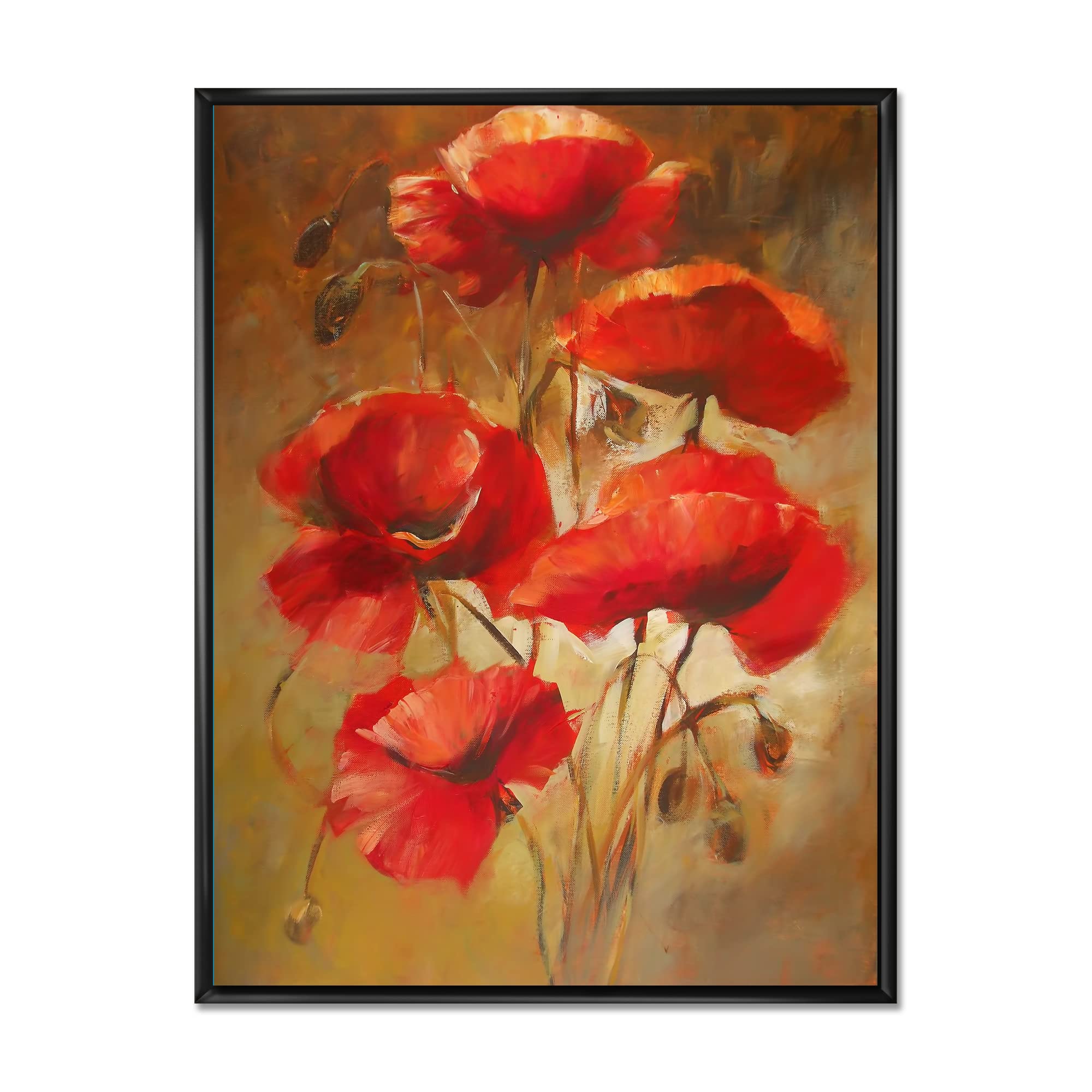 DesignQ Red Blossoming Poppies IV - Traditional Framed Canvas Wall Art Print - Home & Office Decor, Living Room Wall Decor, Gift Idea