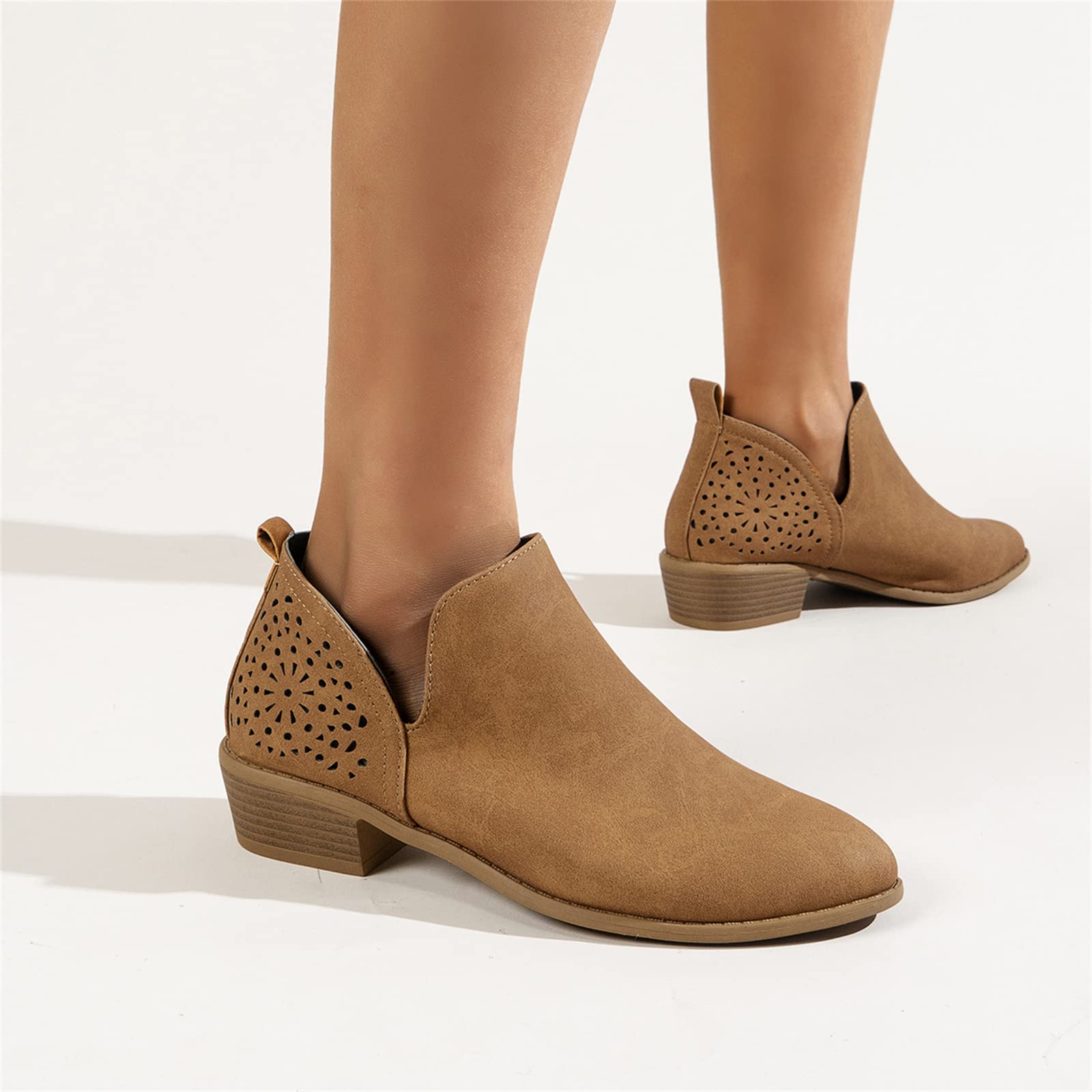 Lausiuoe Women's Ankle Booties - Low Heel Cutout Block Chunky Heel Slip On Fashion Boots for Casual & Dressy Outfits | Perfect for Office, Date Night & Fall/Winter Style