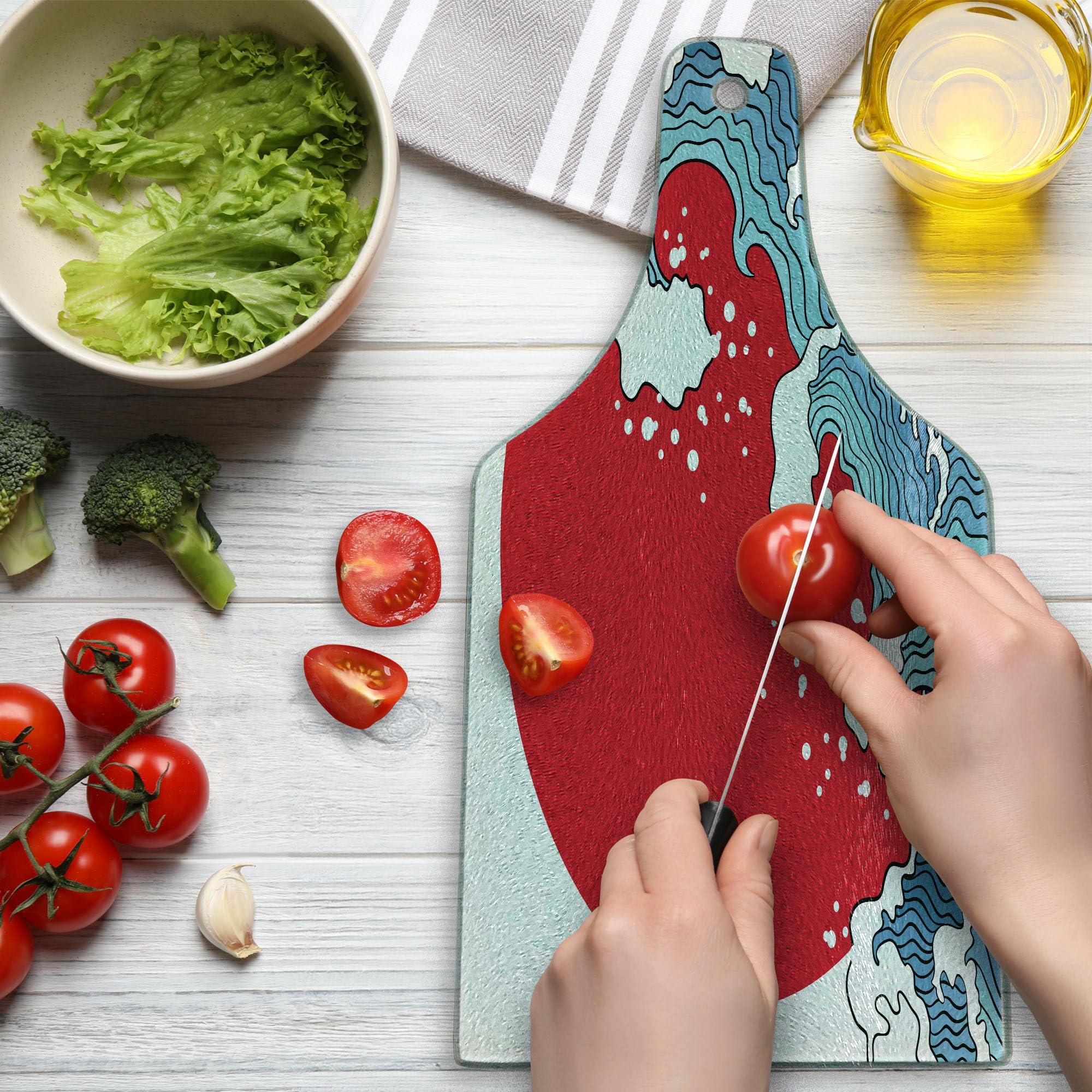 Ambesonne Japanese Wave Tempered Glass Cutting Board - Red Sun Tropical Nautical Design, Wine Bottle Shape Serving Board for Kitchen & Entertaining - Perfect for Sushi Presentation, Charcuterie, and Wine Pairing