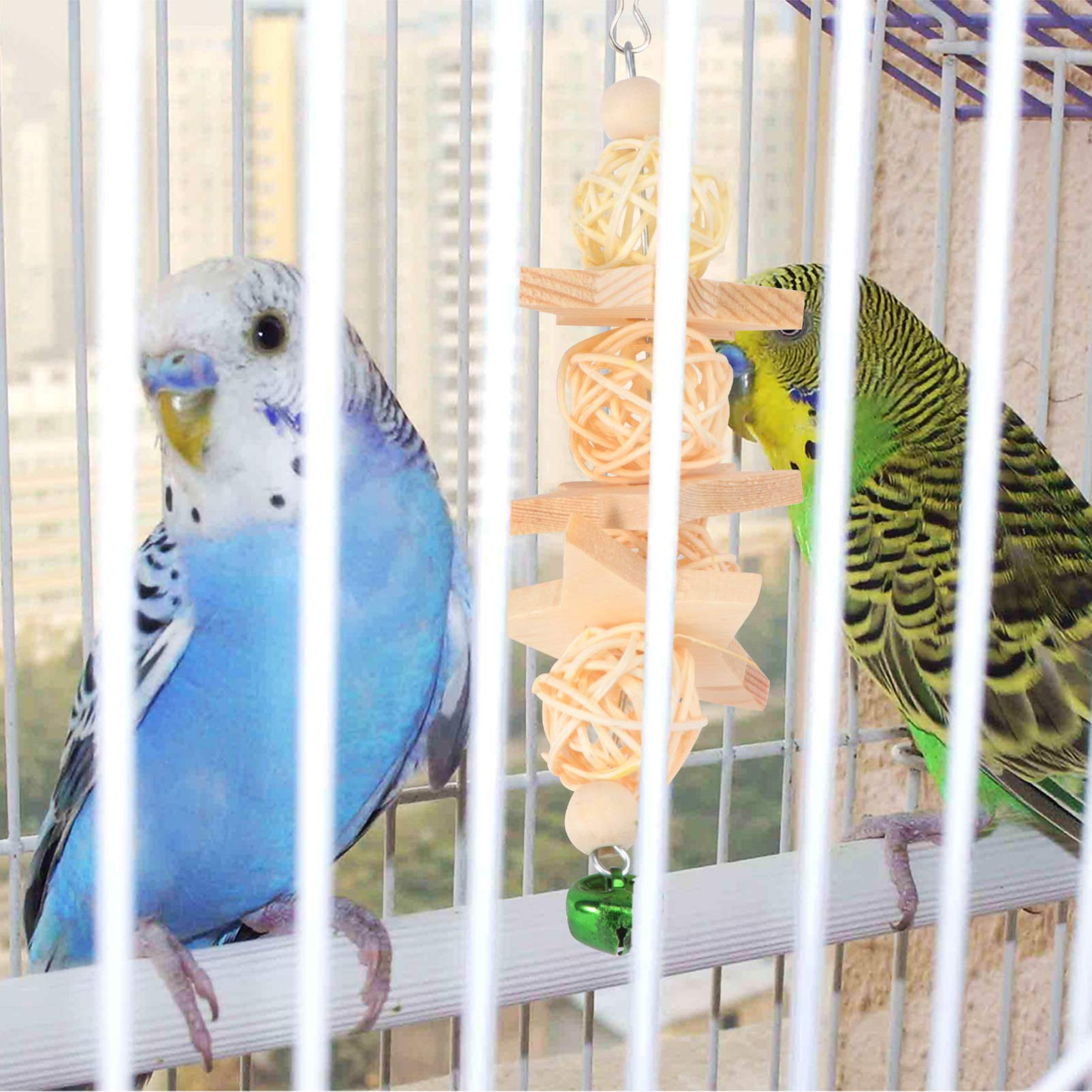 Balacoo Parrot Chewing Toy Set - Hanging Bird Bridge, Swing, Bell, and Wooden Takraw Chew Toys for Parrots, Chickens, and Pet Birds - Perfect for Cage Enrichment and Playtime