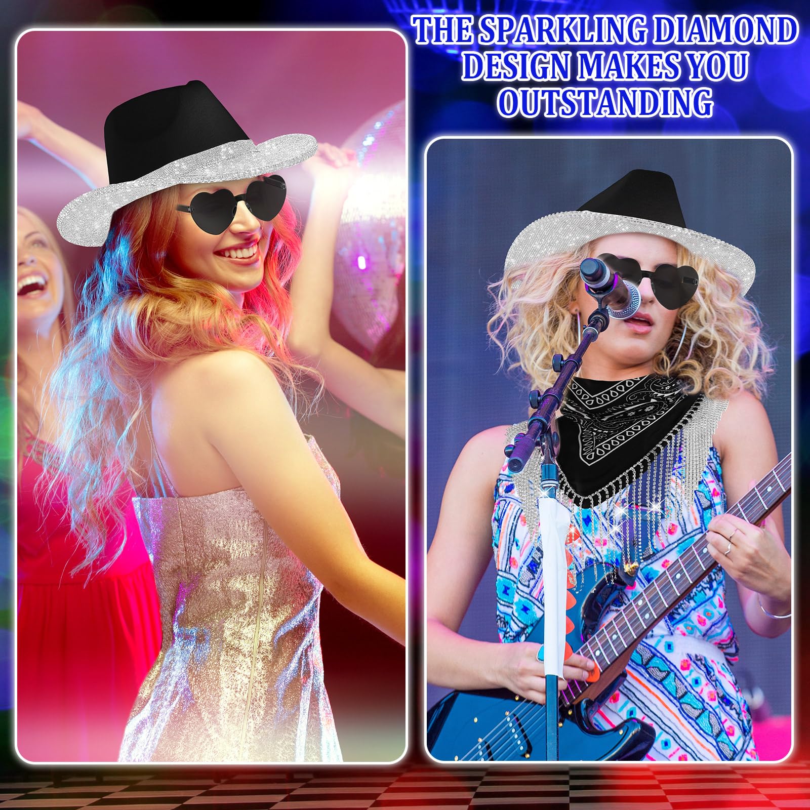 Sparkly Rhinestone Cowboy Hat with Glasses & Scarf - Western Bling Cowgirl Hat for Men & Women - Perfect for Rodeo, Country Music Festivals & Cowboy Cosplay