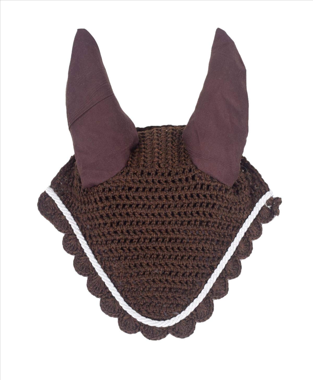 Horse Fly Veil Ear Net Bonnet Fly Mask - Brown Full Size for Equestrian Riding & Horse Protection