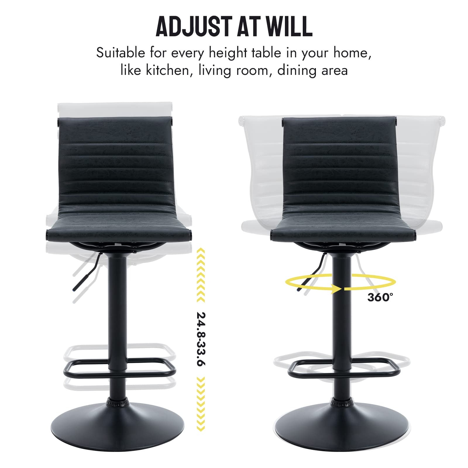 Modern Black PU Leather Metal Bar Stools Set of 3 - Height Adjustable Armless Counter Stools with Black Base for Kitchen Island, Bar & Dining Room - Perfect for Home, Restaurant or Cafe Use (3PCS)