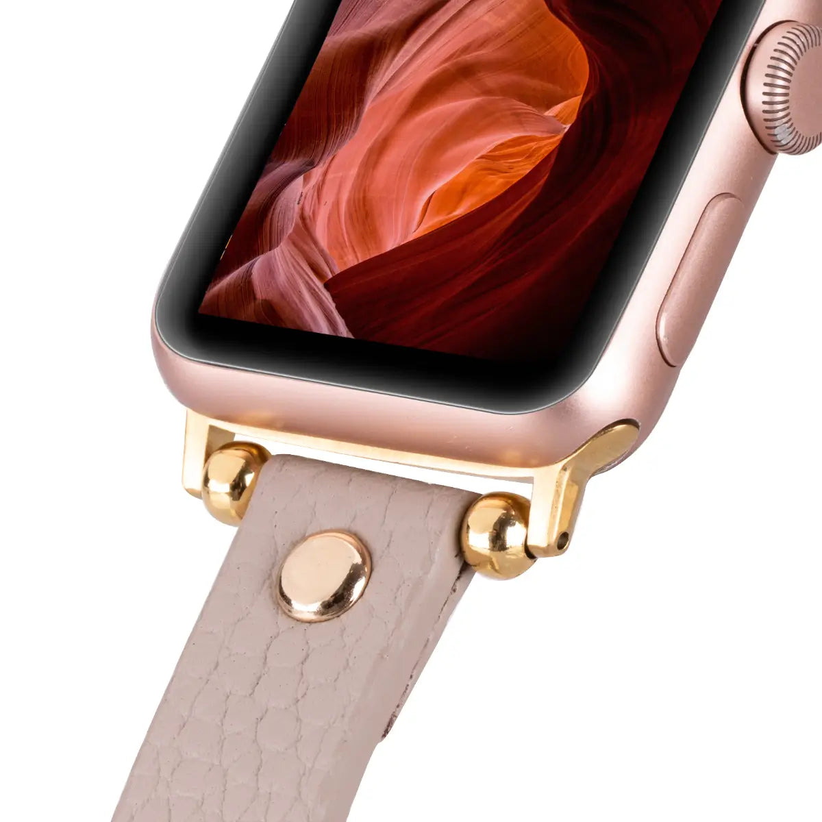 Slim Beige Leather Apple Watch Band with Gold Rivet - Premium Replacement Strap for Work, Gym & Everyday Wear