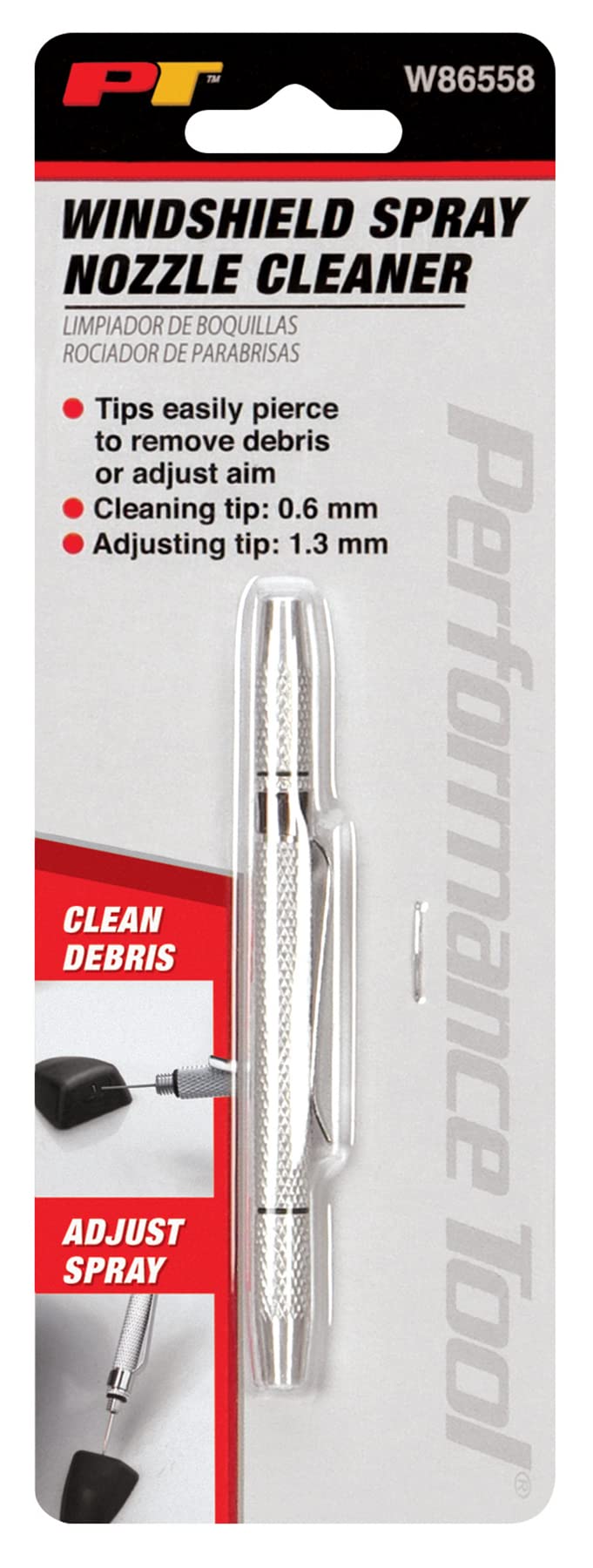 Performance Tool W86558 Windshield Washer Nozzle Cleaning & Adjusting Kit - 5 Multi-Size Tips, Knurled Grip for Precision Control - Perfect for Car, Truck & RV Maintenance