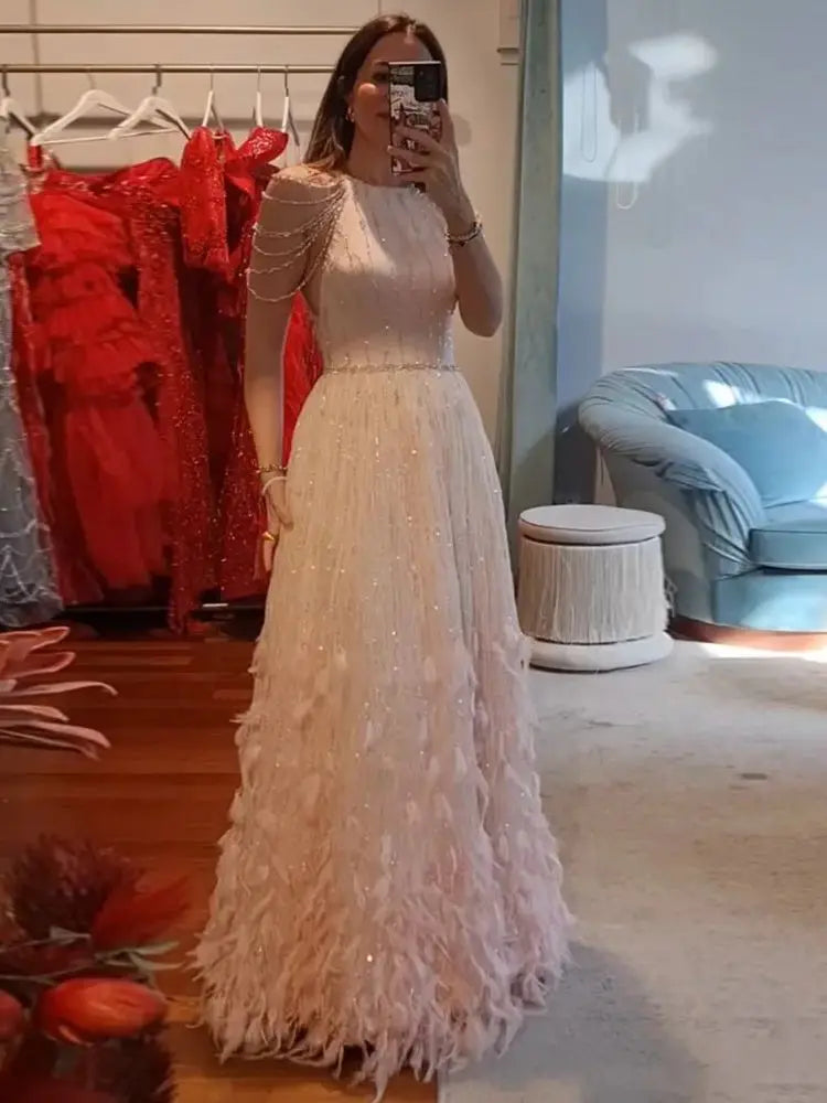Luxury Dubai Saudi Pink Feather A-Line Arabic Beaded Evening Gown LA72721 for Formal Events, Weddings, Galas & Special Occasions
