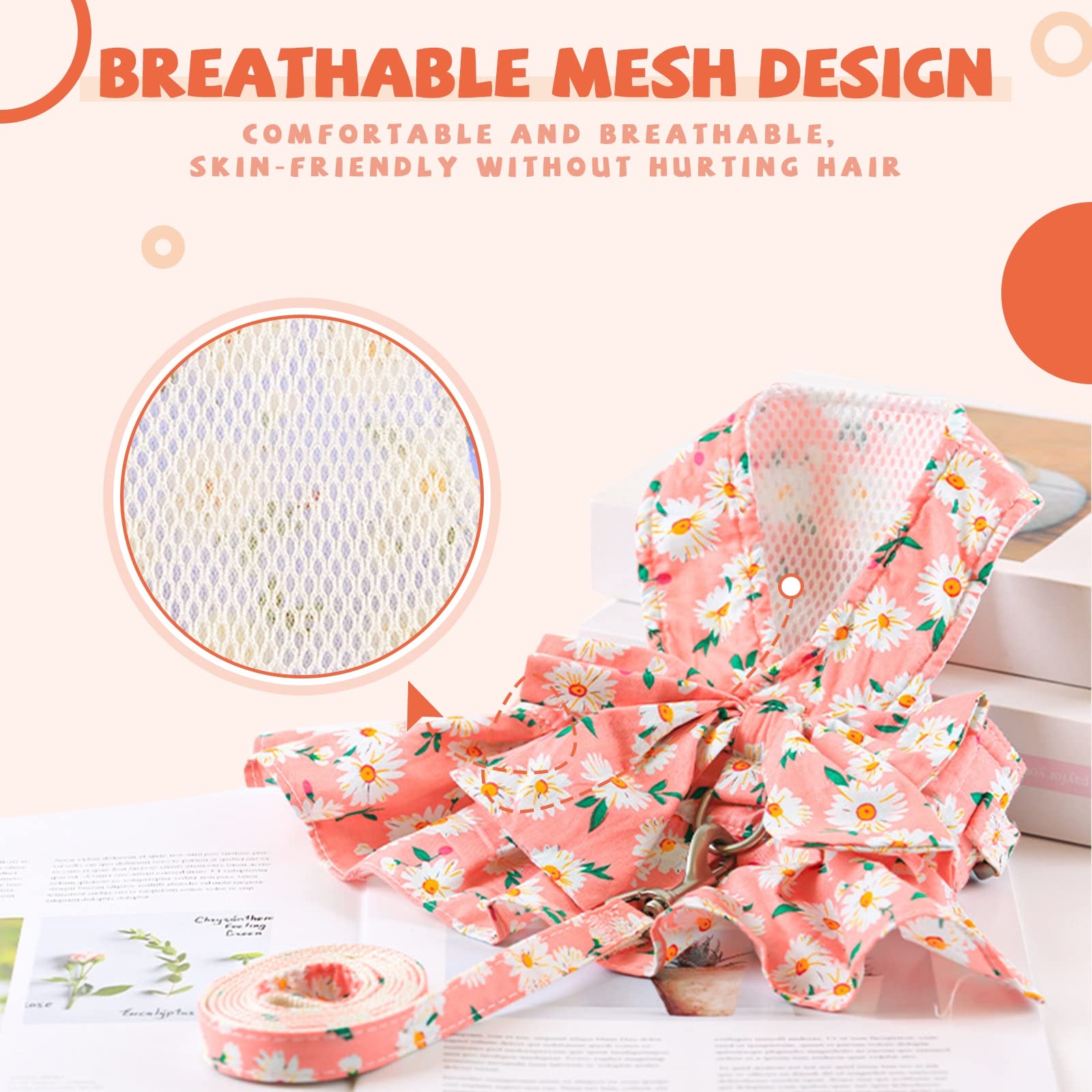 BAEJMJK Cute Floral Dog Dress with Bowknot Harness & Leash Set - Breathable Spring Summer Outfit for Small Dogs & Cats (Pink, X-Small) | Perfect for Puppy Princess Costumes, Pet Fashion Shows & Daily Walks