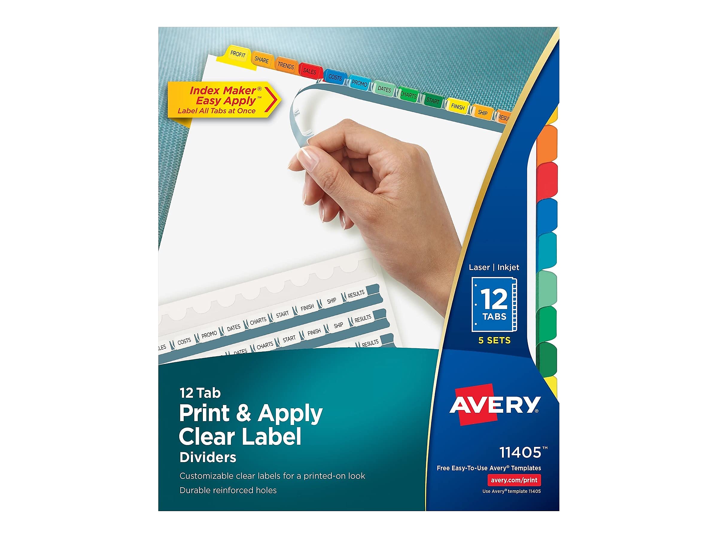 Avery 11404 Clear Label Index Maker Divider - 8.5x11 Inch, 12 Colored Tabs, 5 Sets per Pack - Perfect for Office Organization, School Binders & Filing Systems