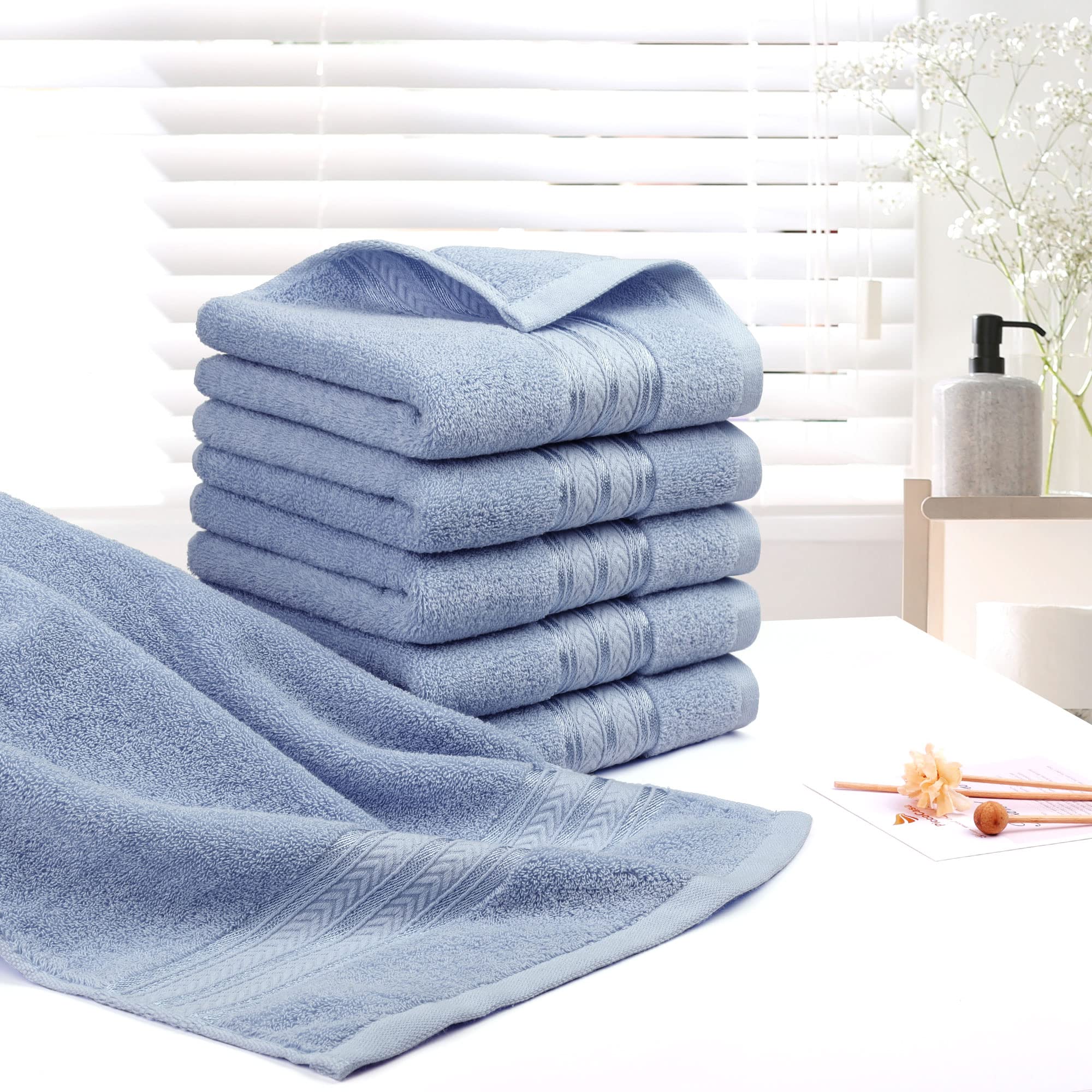 Premium 100% Cotton Bath Hand Towels 13x29 Inches (6 Pack) - Ultra Soft & Highly Absorbent Oversized Guest Towels for Hotel, Spa, Home | Face Towels & Washcloths in Blue for Luxury Bathroom & Guest Room Use