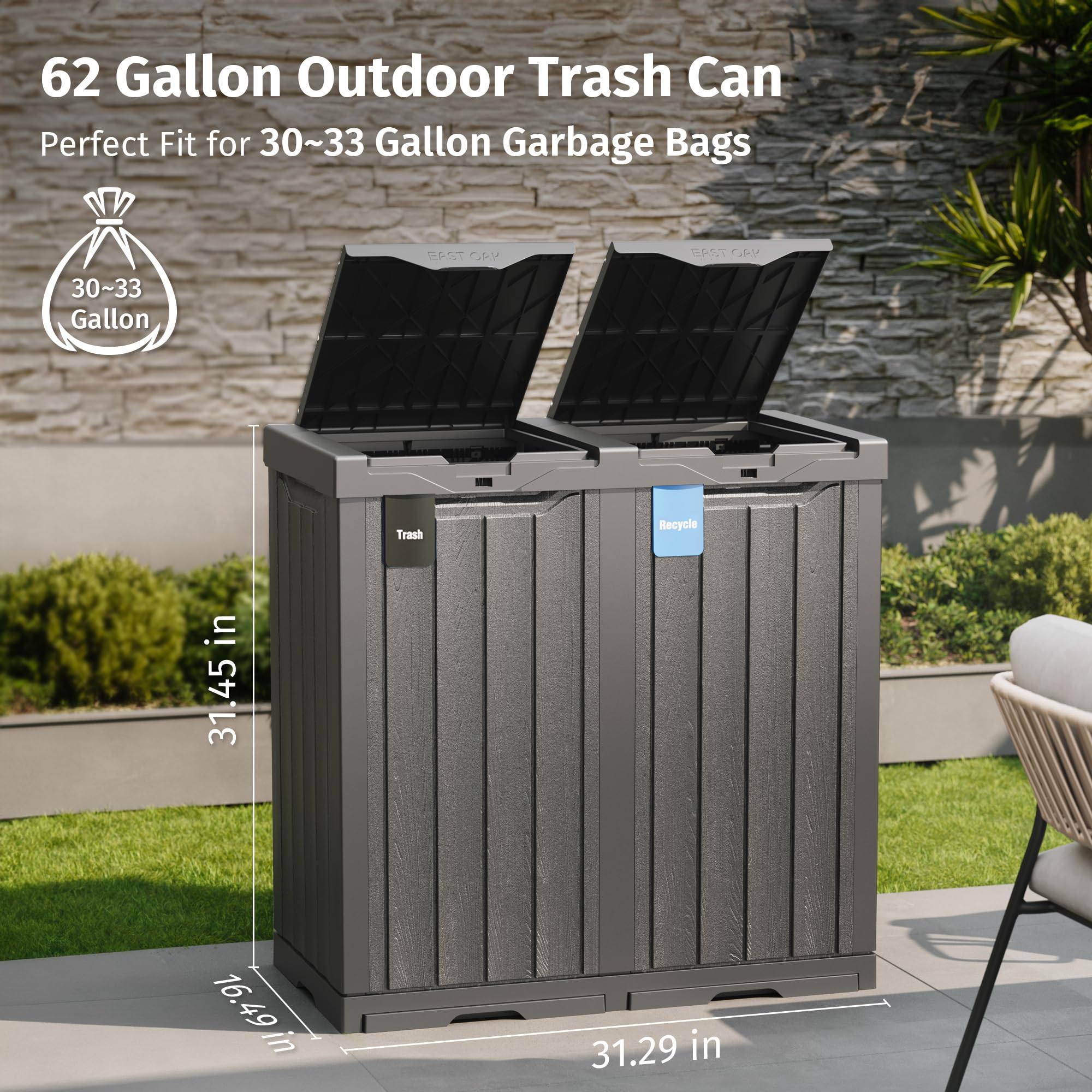 EAST OAK 62 Gallon Outdoor Trash Can - Waterproof Resin Garbage Bin with Recycle & Trash Labels, Secure Bag Lock & Drip Tray - Heavy Duty Outdoor Waste Container for Patio, Backyard, Deck, Garden & Garage - Perfect for Home, Restaurant & Commercial Use - Gray