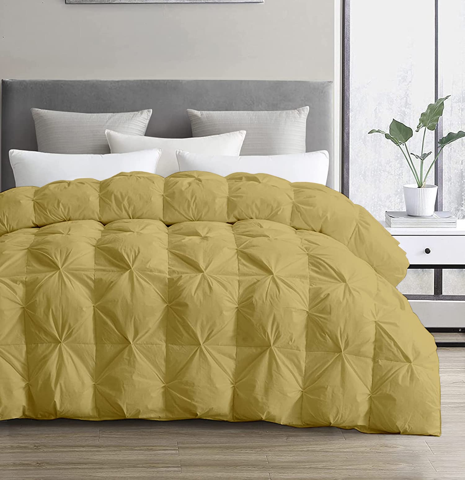 5-Piece Premium 500 GSM Pinch Pleated Comforter Set with Corner Tabs - 100% Cotton Baffle Pintuck Design, All-Season Goose Down Filling (Taupe, Oversized King) with 4 Pillow Shams - Luxury Bedding for Master Bedroom & Guest Room Decor