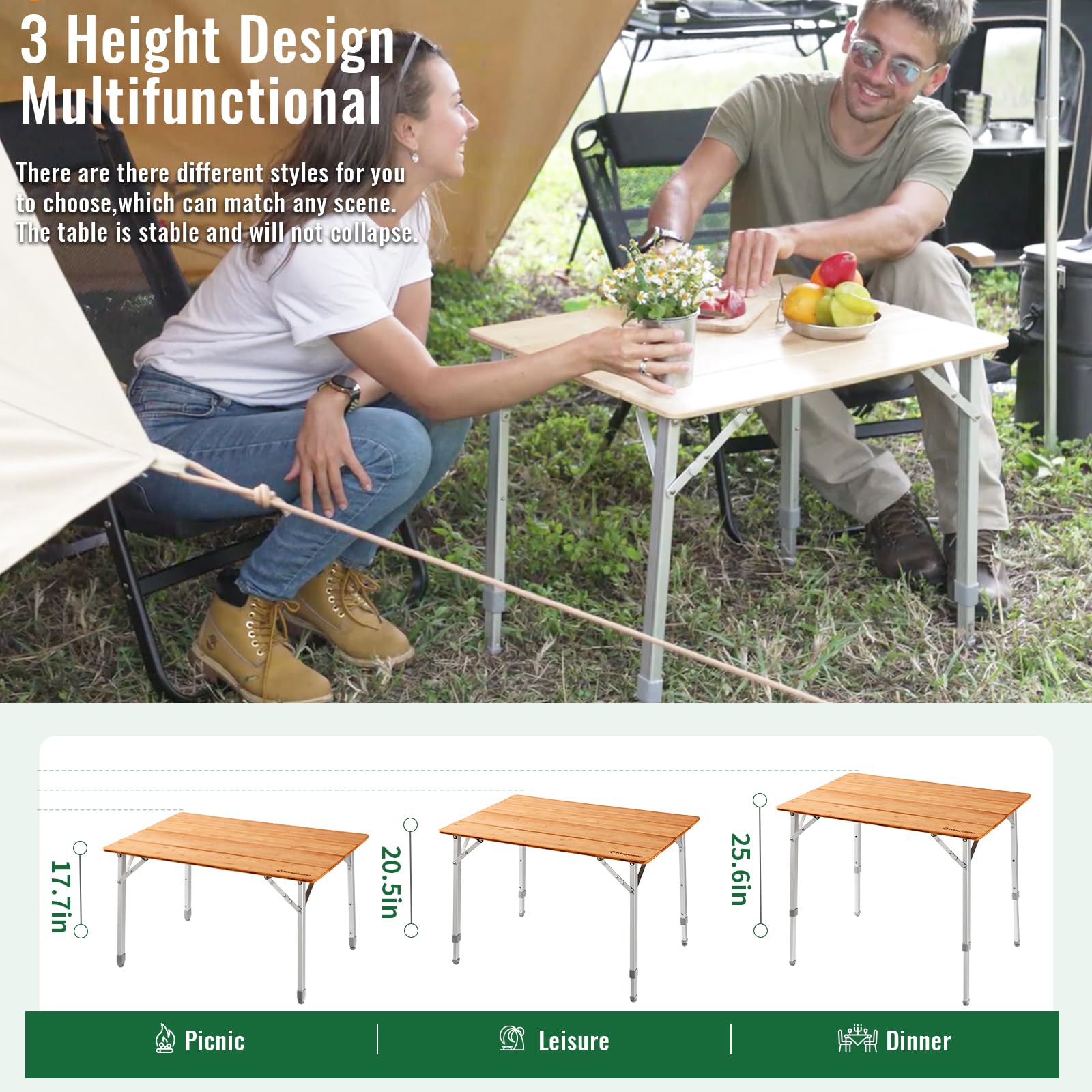 KingCamp 4-Fold Lightweight Bamboo Camping Table with Adjustable Aluminum Legs - Portable Folding Picnic Table for Outdoor, Beach, RV, Camping & Indoor Use - Includes Carry Bag for Easy Transport