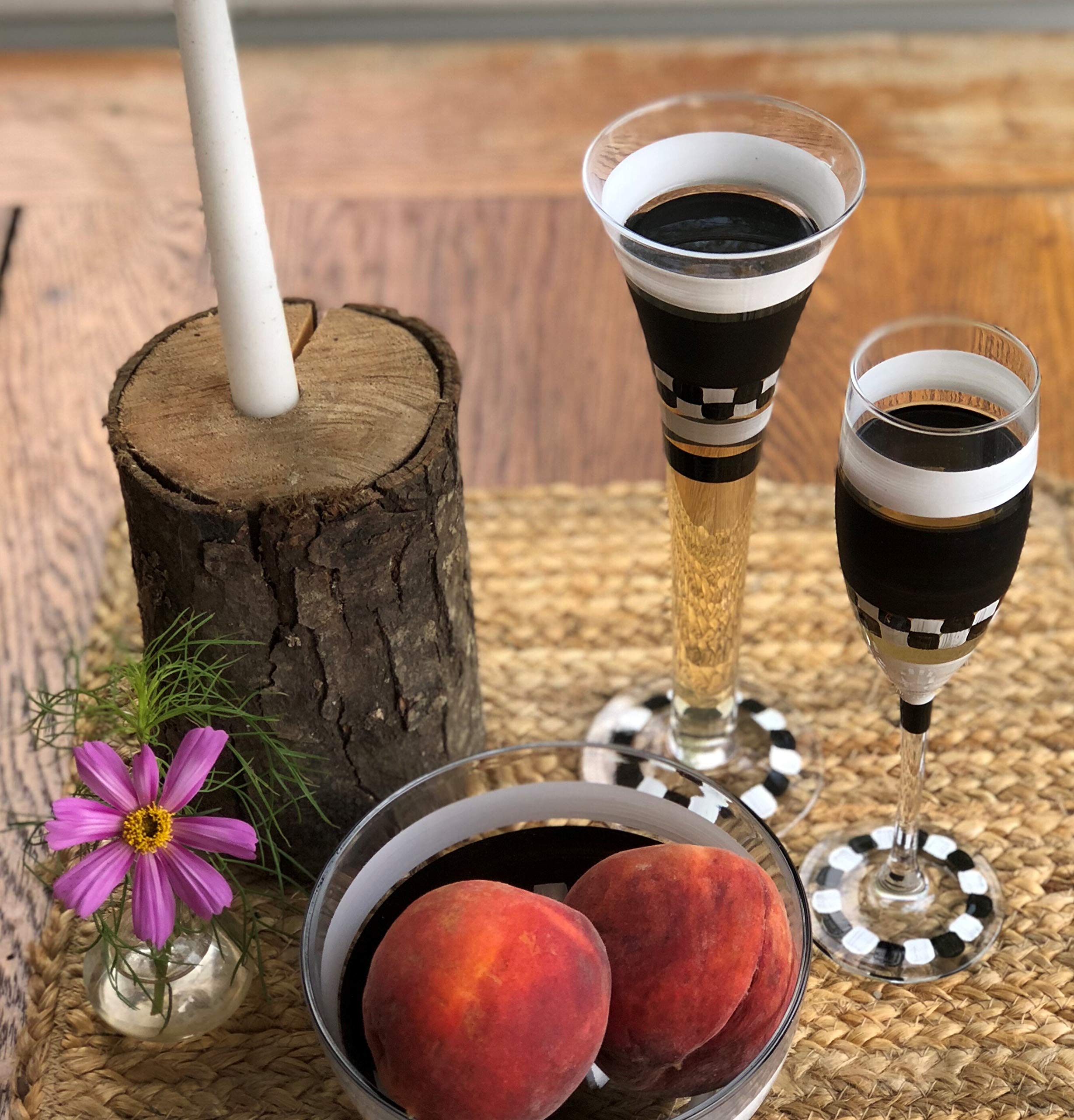 Hand Painted Hollow Champagne Flutes Set of 2 - Black and White Checkered Chalk Collection - Unique Glassware by USA Artists - Personalized Chalkboard Wine Glasses for Weddings, Parties & Home Decor