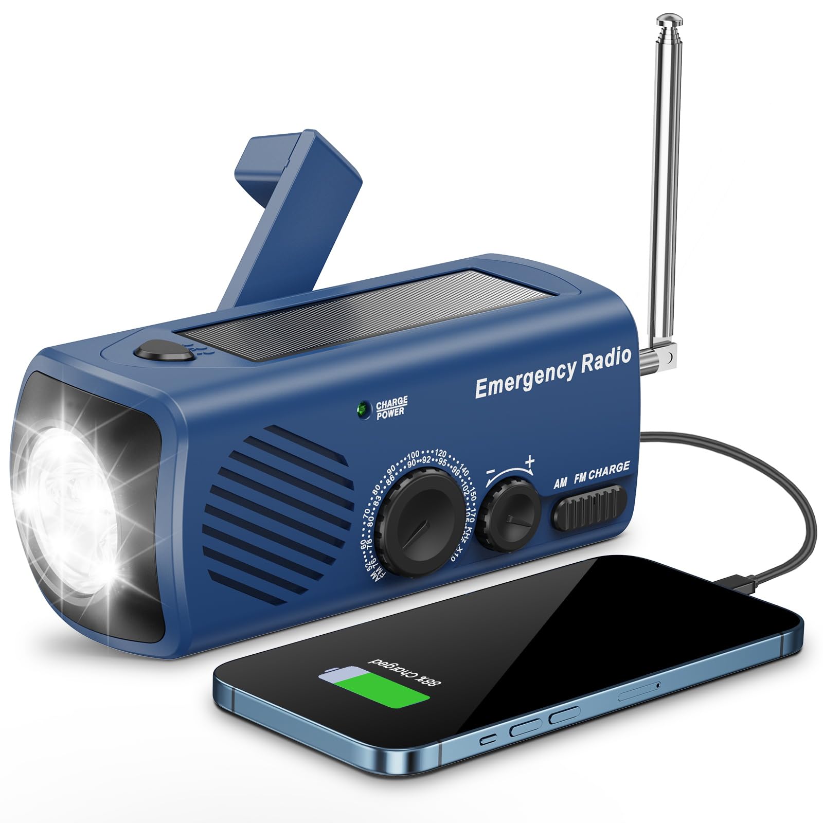 Emergency Hand Crank AM/FM Weather Radio with Solar Charger, LED Flashlight & Phone Charging - Portable Survival Radio for Power Outages, Camping, Hiking & Emergency Preparedness (Blue)