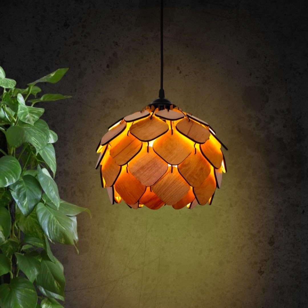 Handcrafted Wooden Pendant Lamp - Small Wooden Ceiling Light, Natural Wood Hanging Chandelier for Living Room, Bedroom & Dining Room Decor