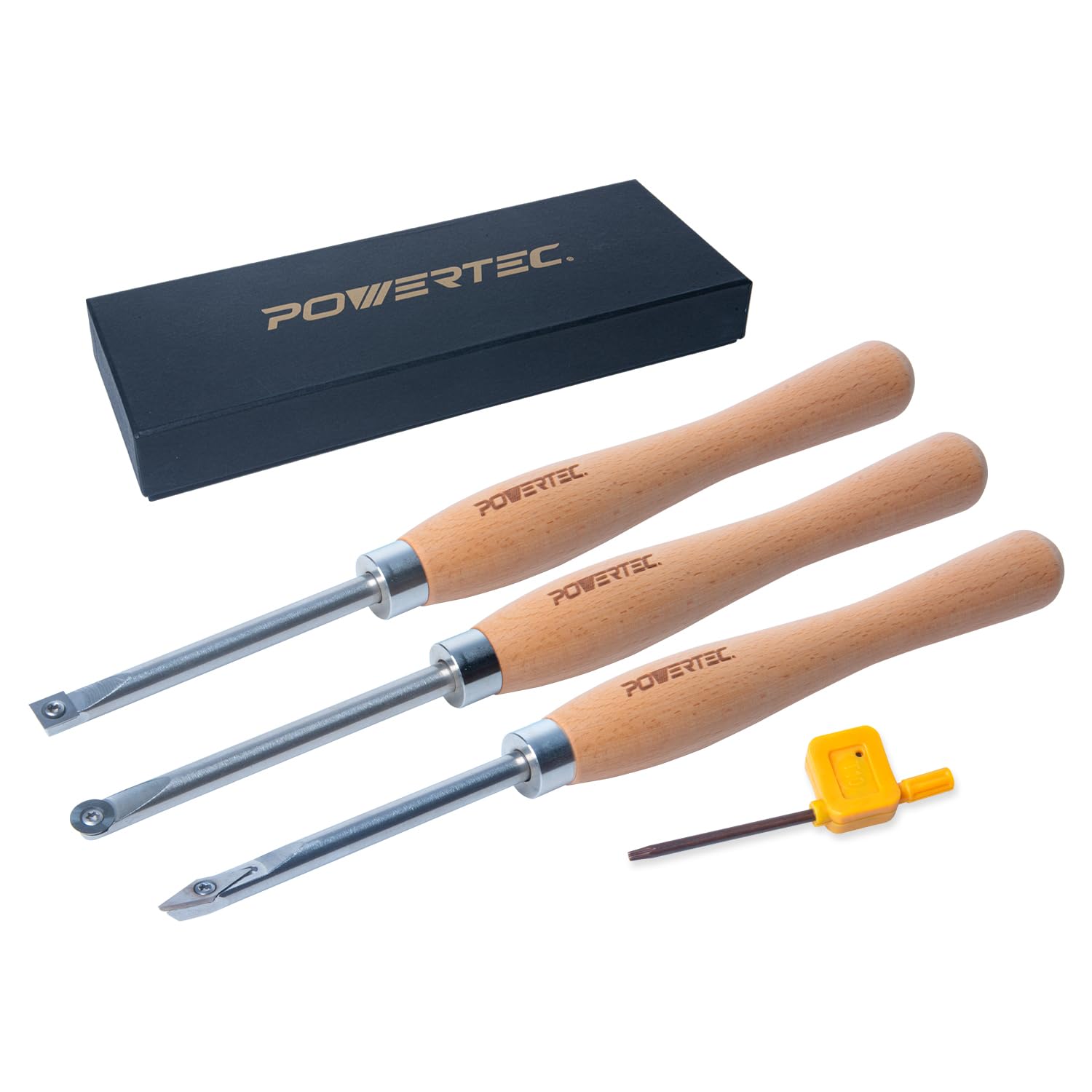 POWERTEC 3-Piece Carbide Wood Lathe Tool Set - Flat Edge Square, Round & Diamond Replaceable Blade Turning Tools with T15 Star Key Wrench | Perfect for Woodturning Projects, Bowl Making & Furniture Crafting