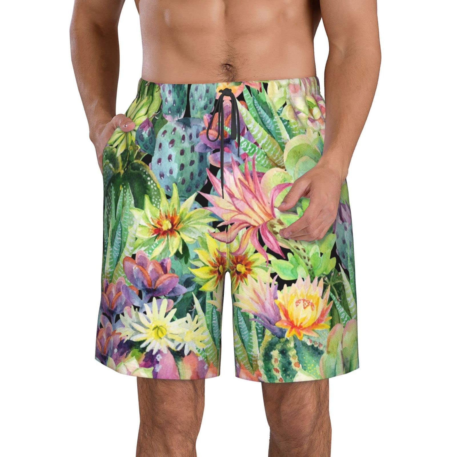 Kuilepa Men's Casual Summer Beach Shorts - Tropical Watercolor Flower Print, Hawaiian Style with Pockets | Perfect for Vacation, Pool Party & Outdoor Activities