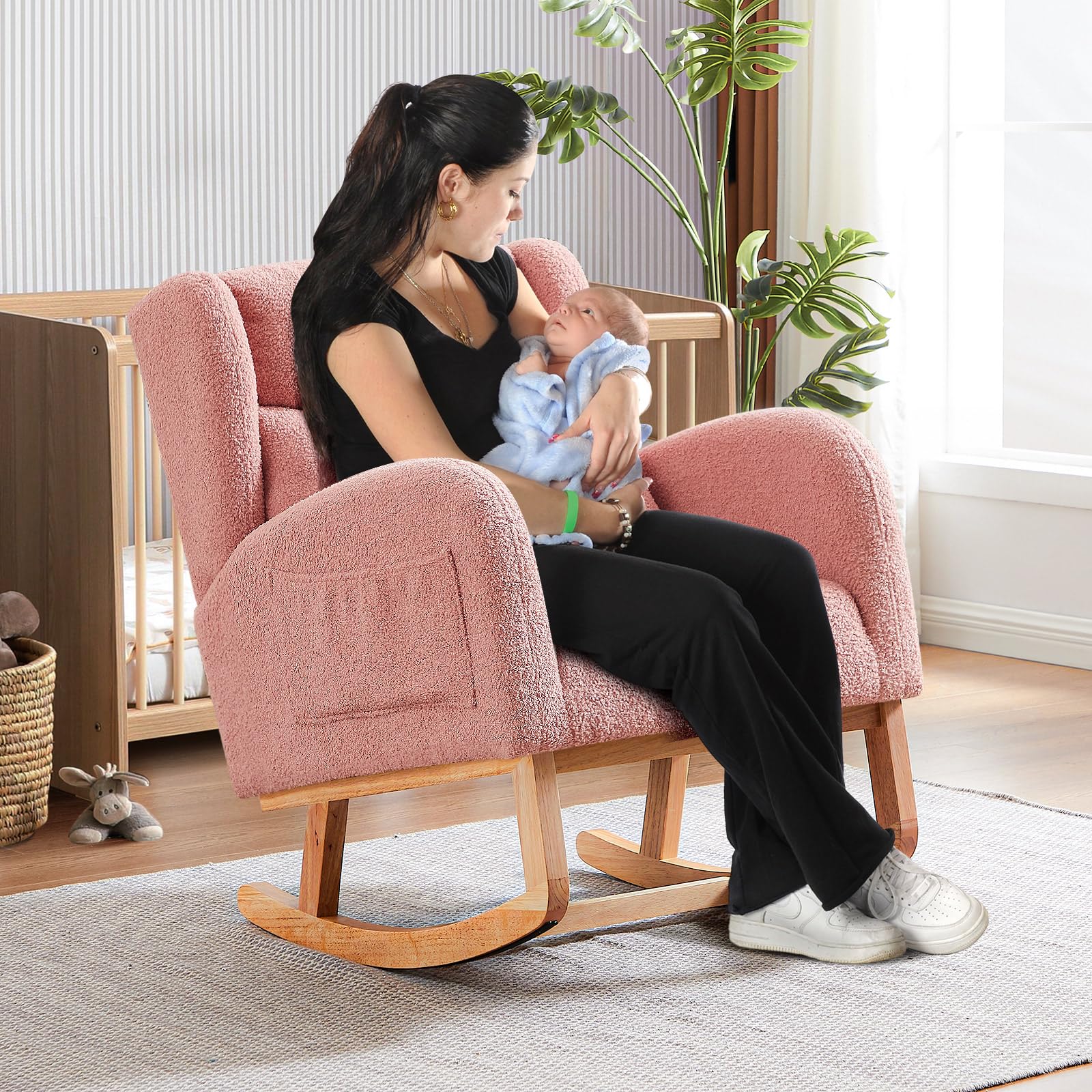 Antetek Modern Teddy Upholstered Rocking Chair - High Back Wingback Nursery Rocker with Lumbar Support Pillow, Comfortable Accent Armchair for Living Room, Bedroom & Nursery (Pink) | Perfect for Nursing, Relaxing & Nursery Decor