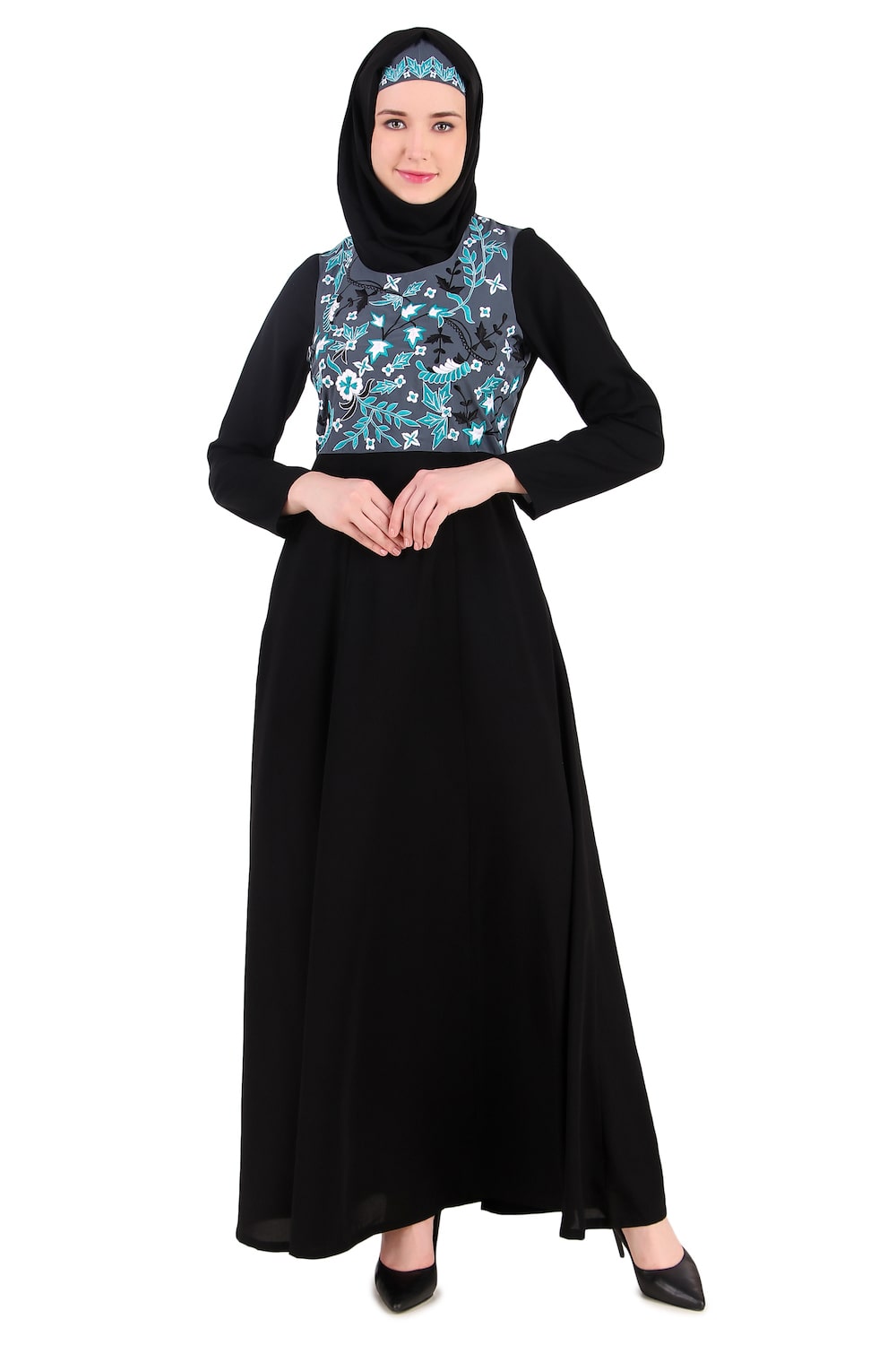 Elegant Floral Embroidered Abaya Dress with Multi-Panel Bodice - Perfect for Eid, Weddings & Special Occasions