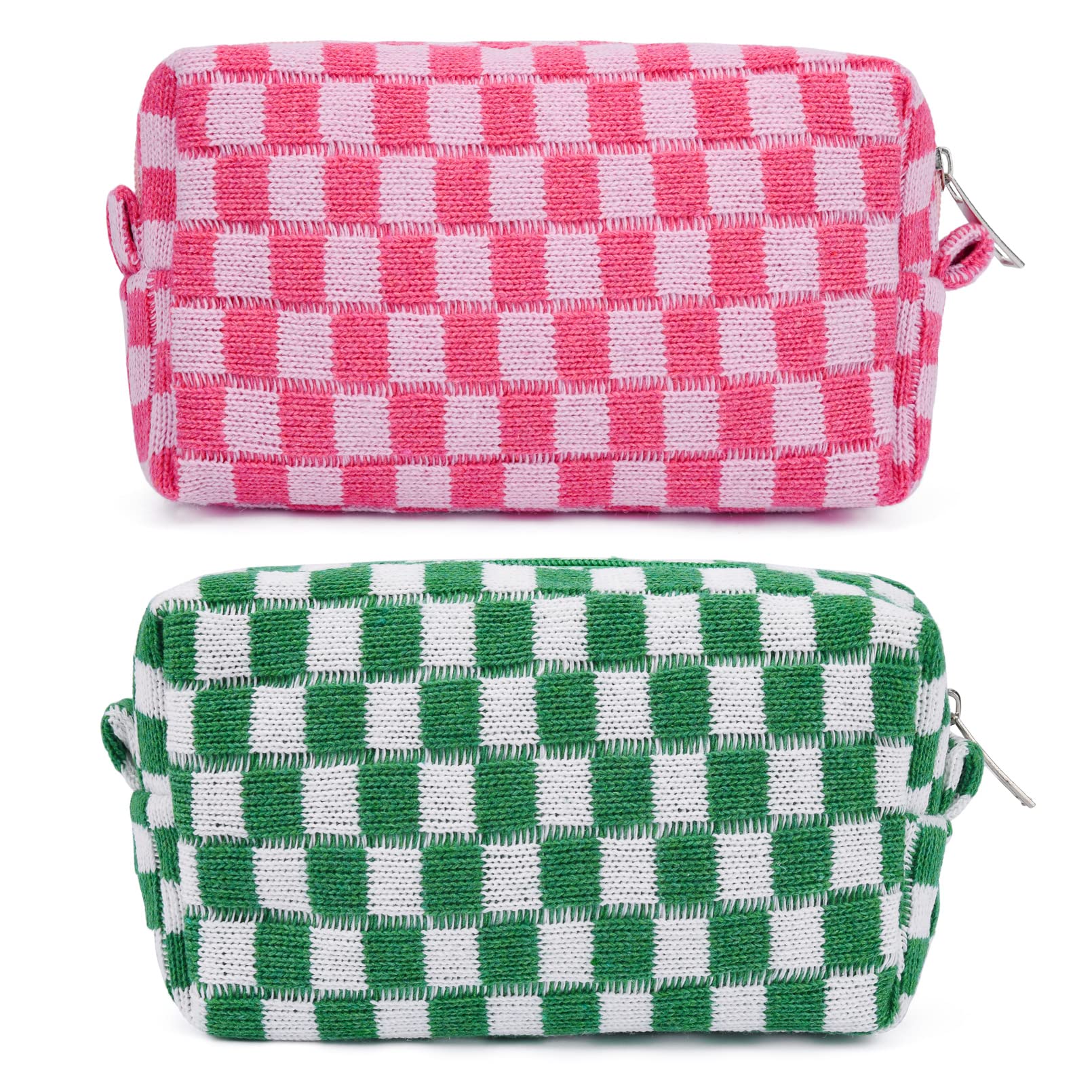 2 Pack Checkered Makeup Bags for Women - Pink & Green Cosmetic Organizer Pouch, Travel Toiletry Storage Bag for Brushes & Accessories | Perfect for Travel, Gym & Daily Beauty Routine