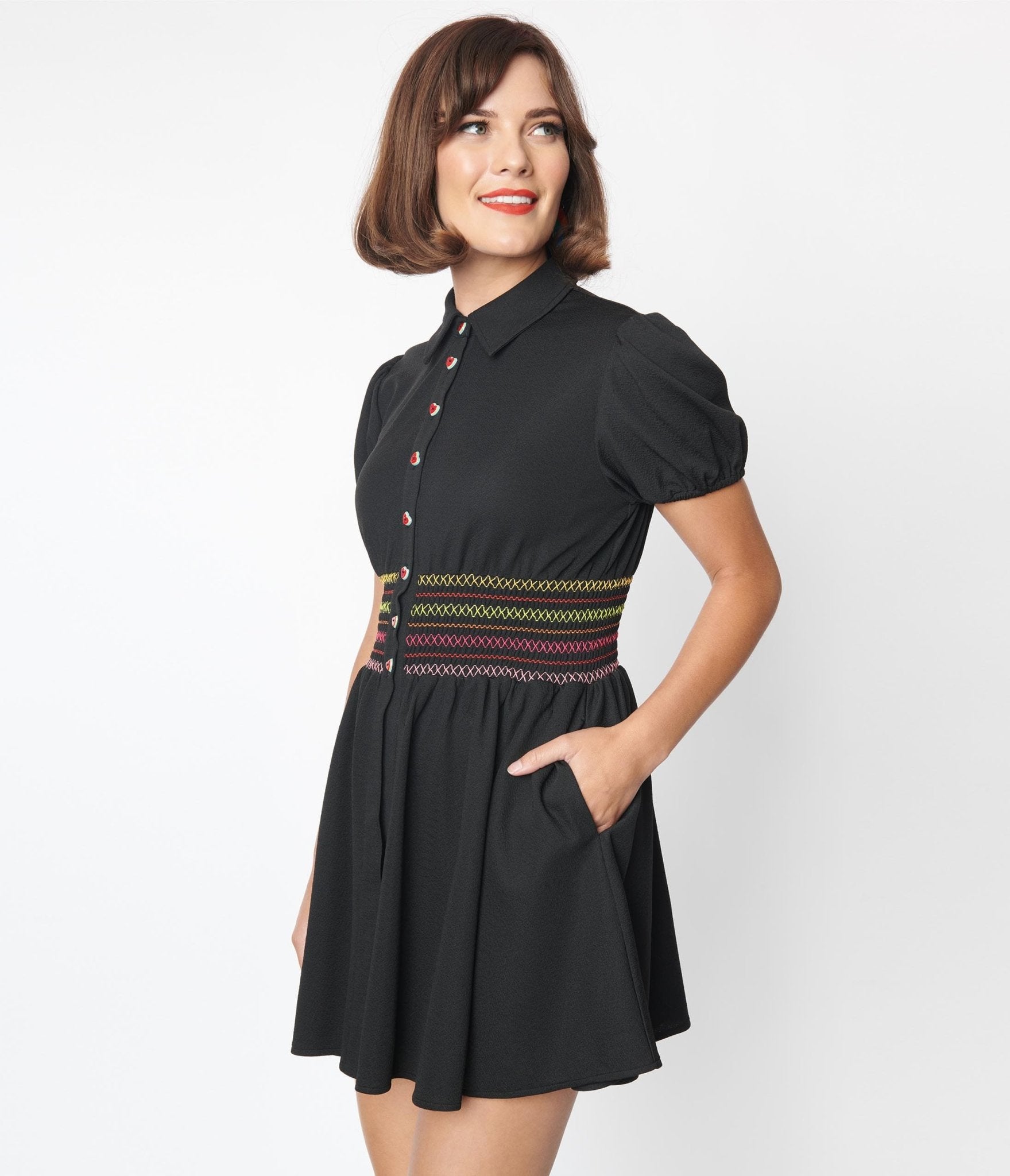 Smak Parlour Black & Rainbow Smocked Babydoll Blouse - Women's Fashion Top for Casual Wear, Parties & Date Nights