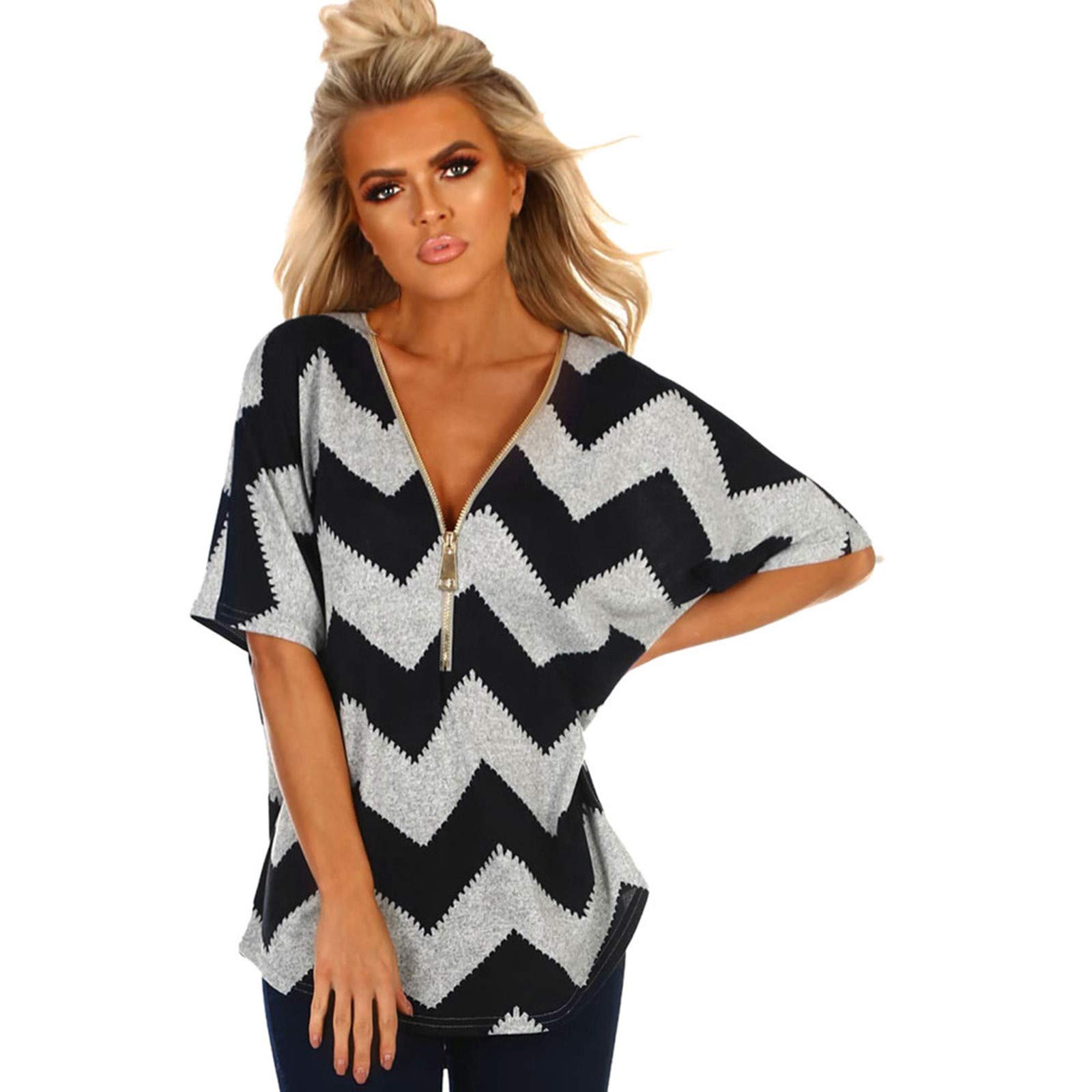 Women's Loose Fit Zipper Short Sleeve Casual Vest Top Blouse - Summer T-Shirt for Women (Black, Large) | Perfect for Casual Outings, Beach Wear & Everyday Comfort