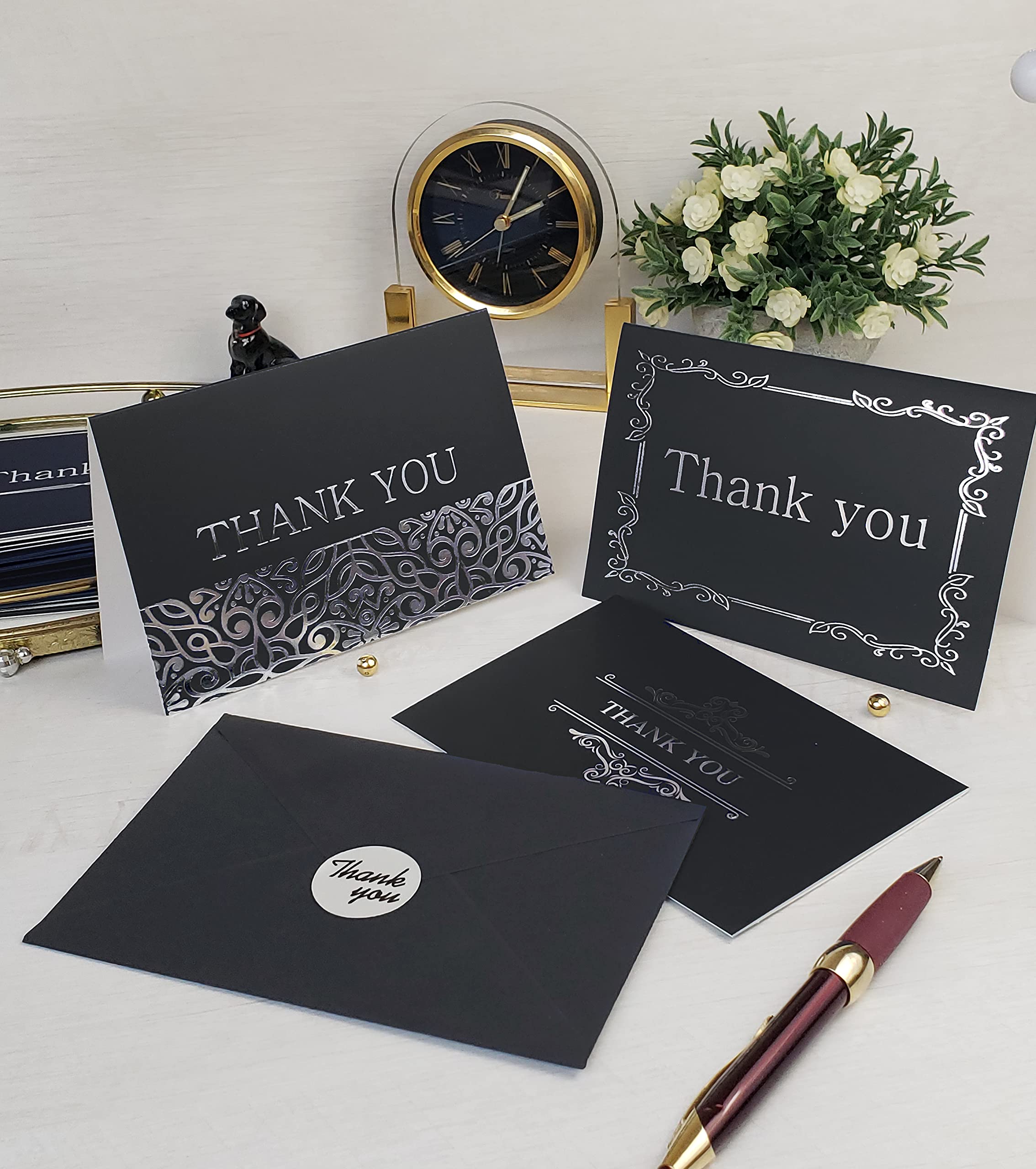 120 Premium Black Thank You Cards with Matching Envelopes & Sealing Stickers - 6 Elegant Embossed Silver Foil Designs on Thick 4x6