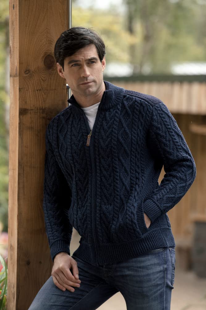 Aran Crafts Men's Cable Knit Zipper Cardigan - 100% Merino Wool Sweater for Winter, Warm & Soft Pullover for Casual Wear, Office & Outdoor Activities