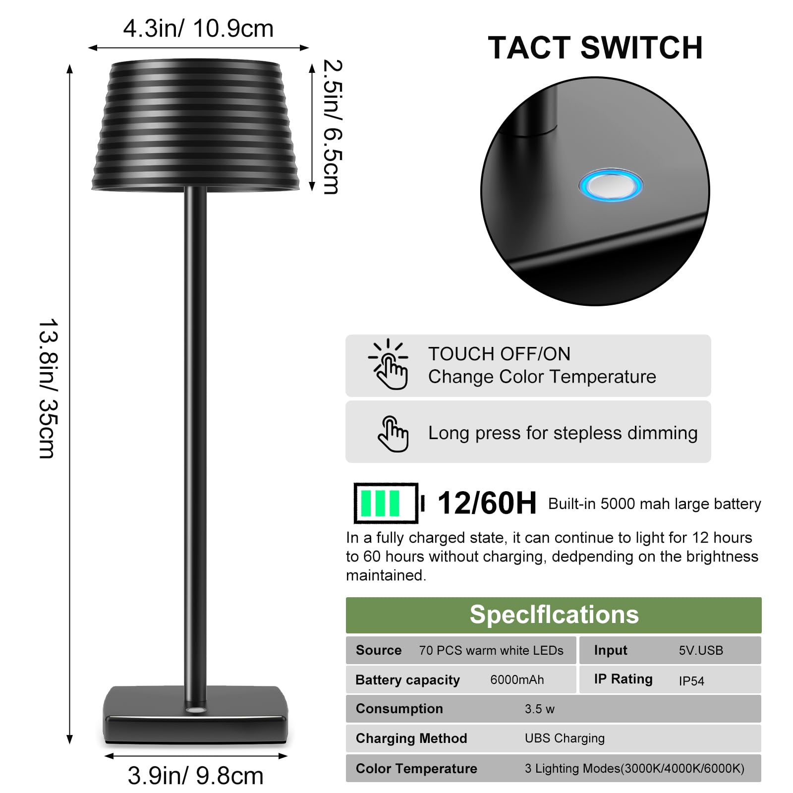 Rechargeable Cordless LED Desk Lamp - 5000mAh Battery, Aluminum Metal Housing, 3 Brightness Levels, USB Powered Portable Night Light for Home Office, Restaurant, Bar & Outdoor Use (Black, 2-Pack)
