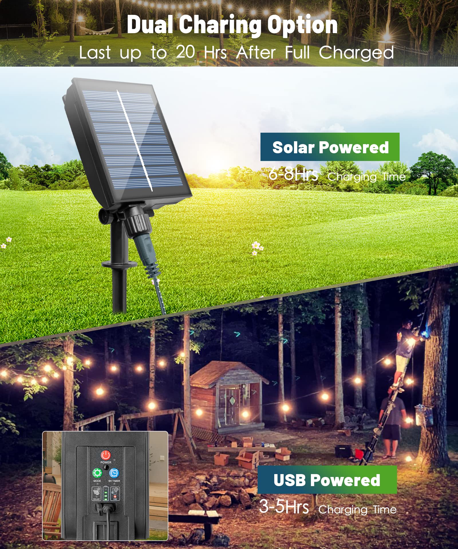 46FT Solar String Lights Outdoor with Remote - 30 LED Shatterproof Bulbs, USB & Solar Powered, 8 Lighting Modes, IP65 Waterproof - Perfect for Garden, Patio, Gazebo, Wedding & Party Decorations (Warm White)