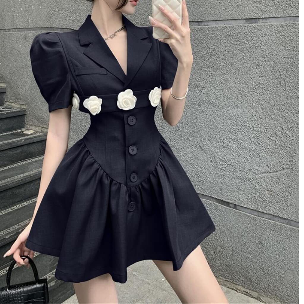 Vintage Floral Applique Women's Summer Dress - Tailored Collar, Puff Sleeve, Slim Fit (Black, Medium) | Perfect for Garden Parties, Date Nights & Summer Weddings