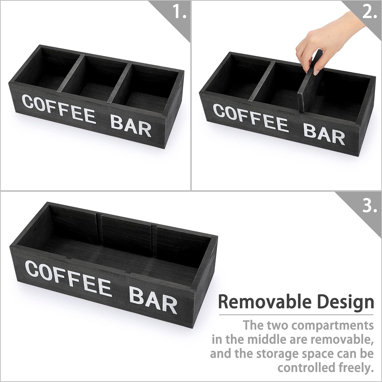 ELLDOO Wooden Coffee Bar Storage Box with Removable Grids - Coffee Station Organizer, Pod Holder & Rustic Kitchen Decor for Farmhouse, Countertop - Perfect for Home, Office & Coffee Shop Use (Black)