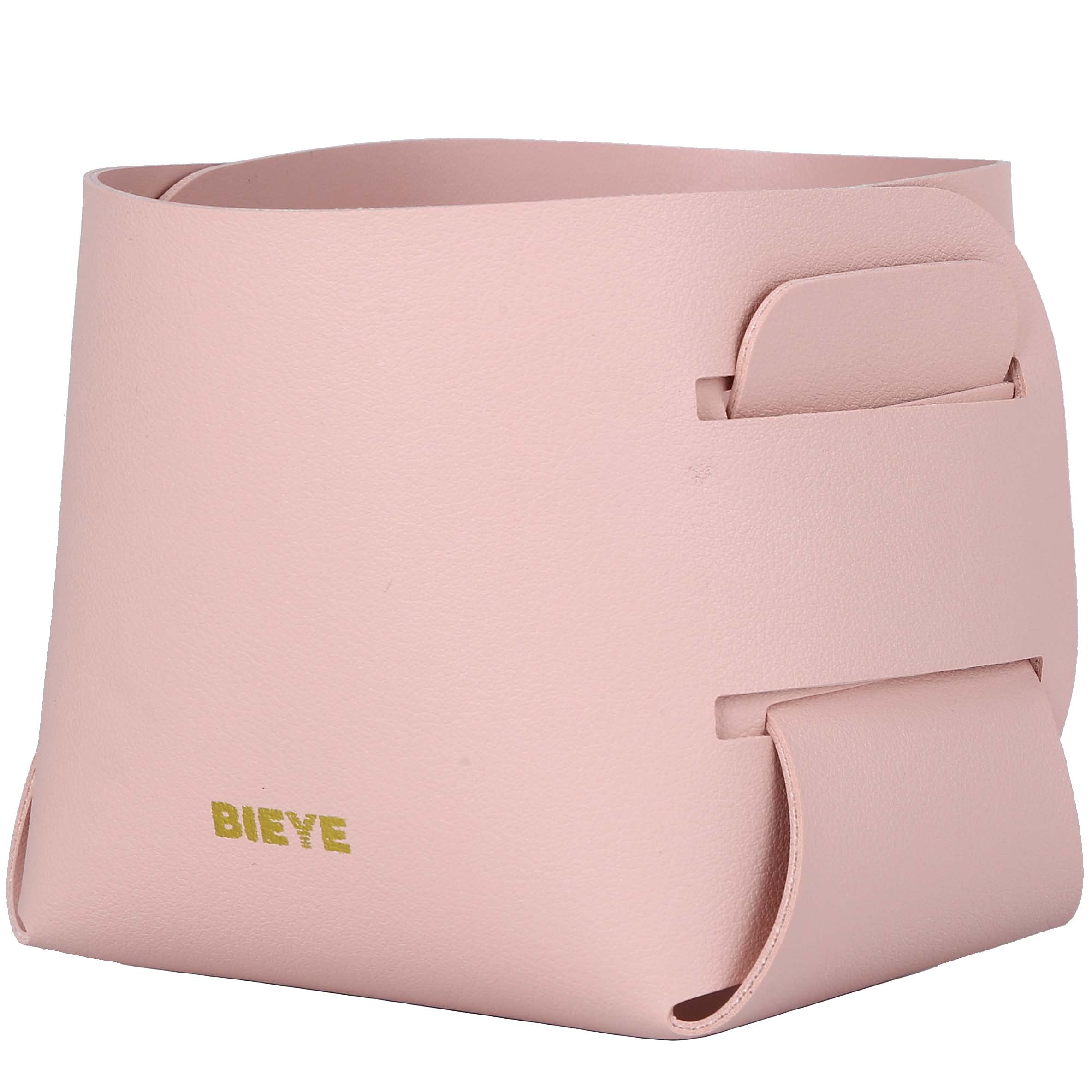 Bieye LSB001 Collapsible Leather Storage Bin - Pink Desk Organizer for Jewelry, Makeup, Pens, Pencils & Glasses - 4