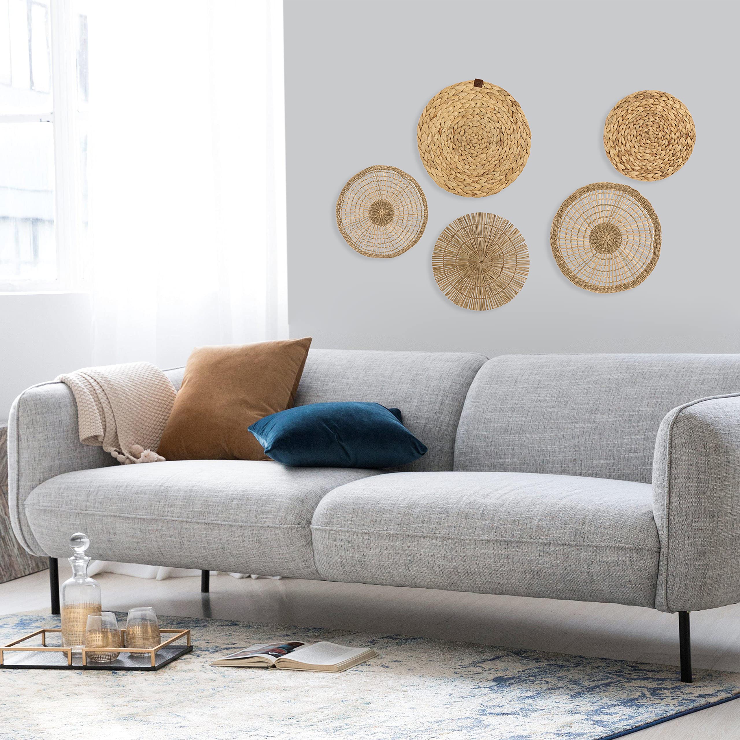 Boho Woven Wall Baskets Set of 5 - Rattan Decor for Home & Office