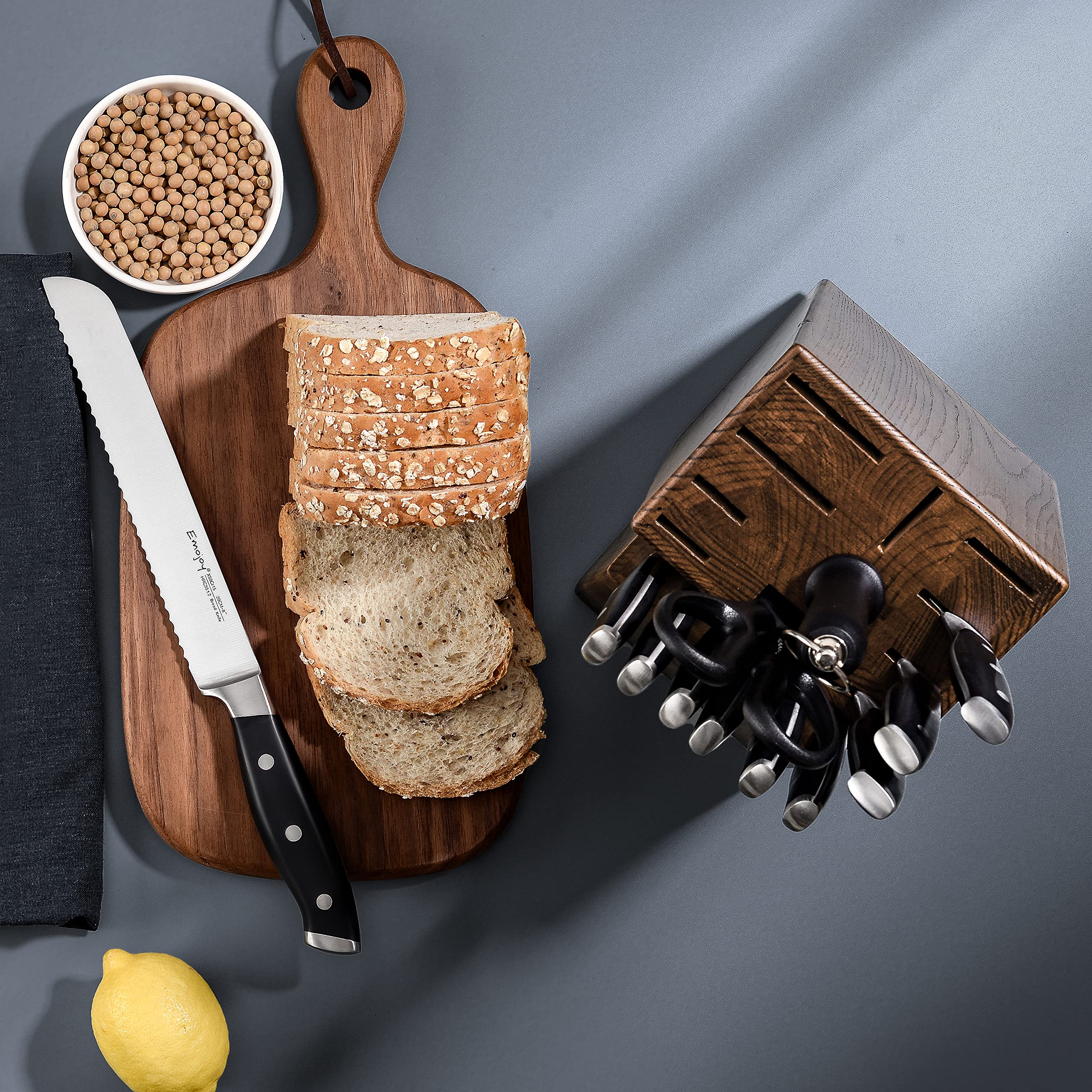 18-Piece Emojoy Professional Kitchen Knife Set with Wooden Block - German Stainless Steel Chef Knives with Manual Sharpener - Perfect for Home Cooking, Restaurant Use & Gift Giving