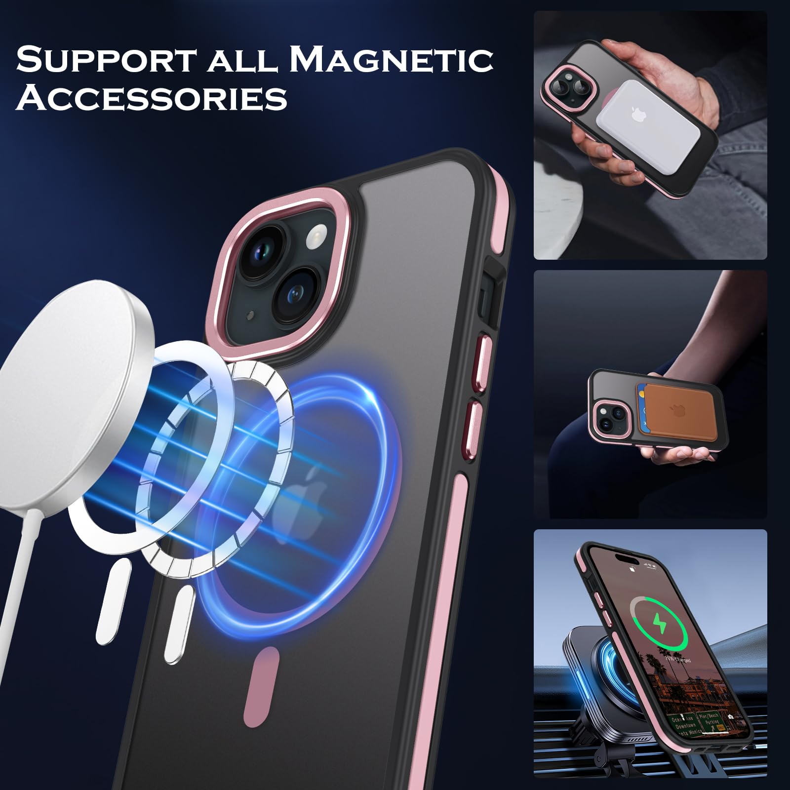 YINLAI Magnetic Slim Translucent Matte Case for iPhone 15 Plus 6.7-Inch | Magsafe Compatible | Shockproof Protective Cover for Men & Women | Black/Pink | Perfect for Everyday Use & Travel Protection