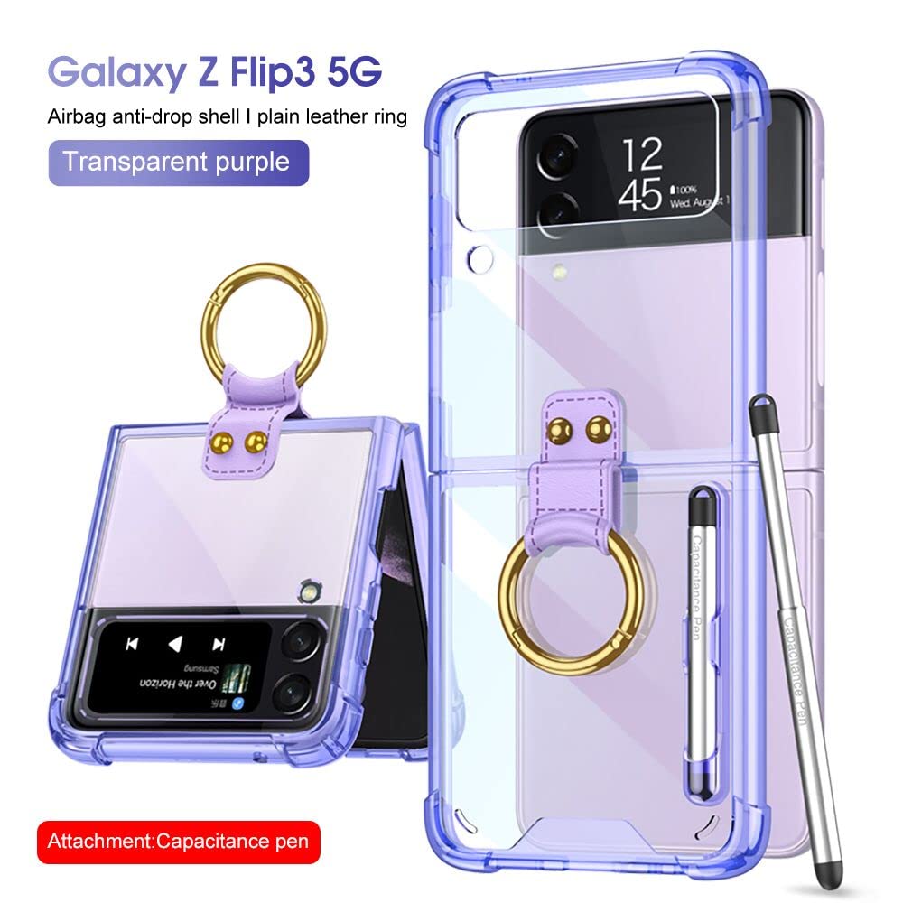 Premium Protective Case for Samsung Galaxy Z Flip 3 5G - Shockproof Full-Body Cover with Ring Stand, Stylus Holder & Pen Slot - Purple | Perfect for Video Calls, Hands-Free Viewing & Everyday Protection