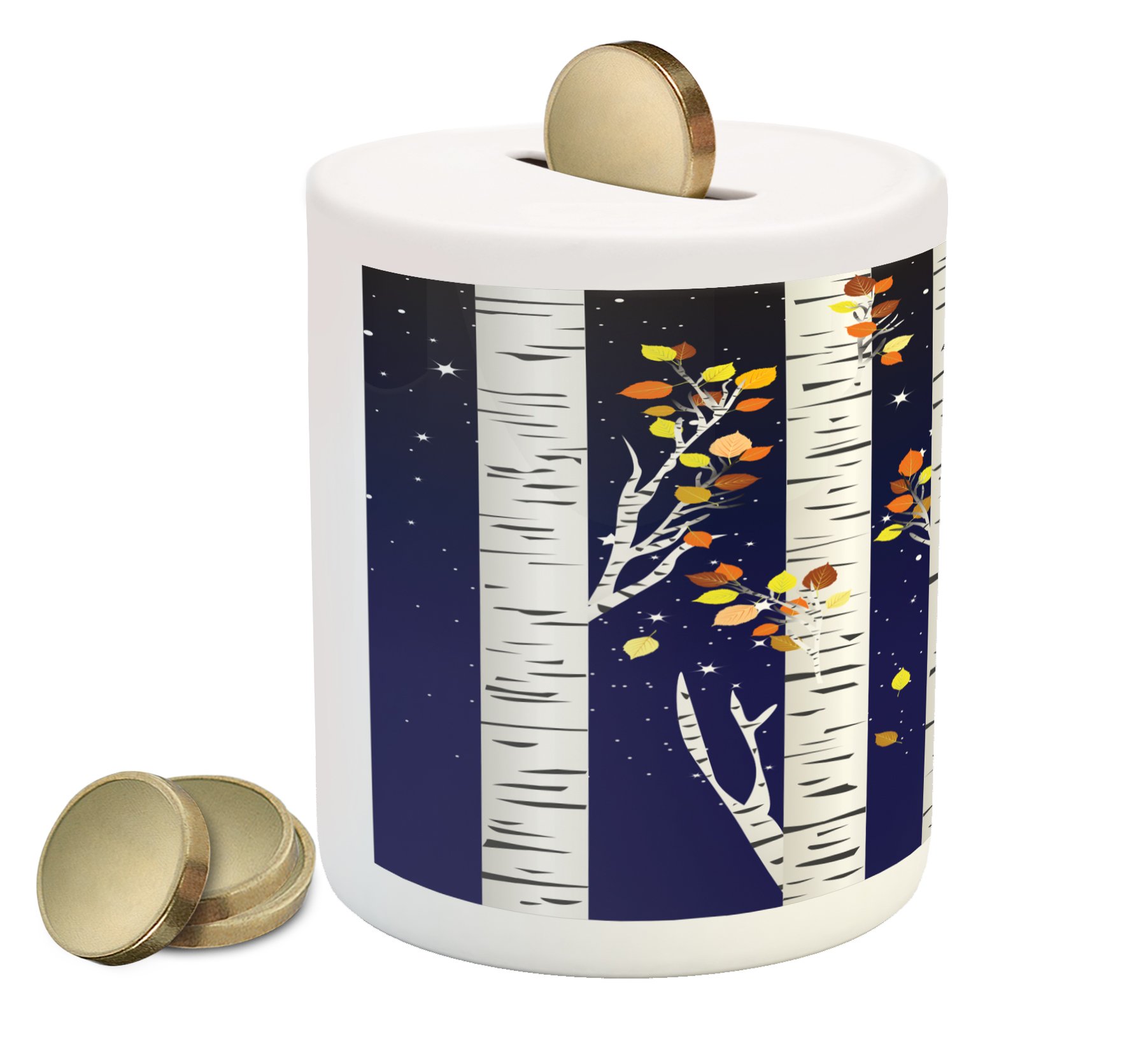 Ambesonne Autumn Piggy Bank - Ceramic Money Box with Birch Trees & Colorful Fall Foliage Design, Starry Night Sky Backdrop for Cash Savings | Perfect Gift for Kids, Home Decor & Holiday Savings (Multicolor)