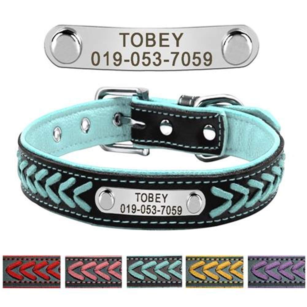 SOCHII Personalized Engraved Leather Dog Collar with Nameplate - Custom Pet Collar for Small, Medium & Large Dogs (Beagle, XS-XL) in Blue - Perfect for Daily Walks, Training & Gifts