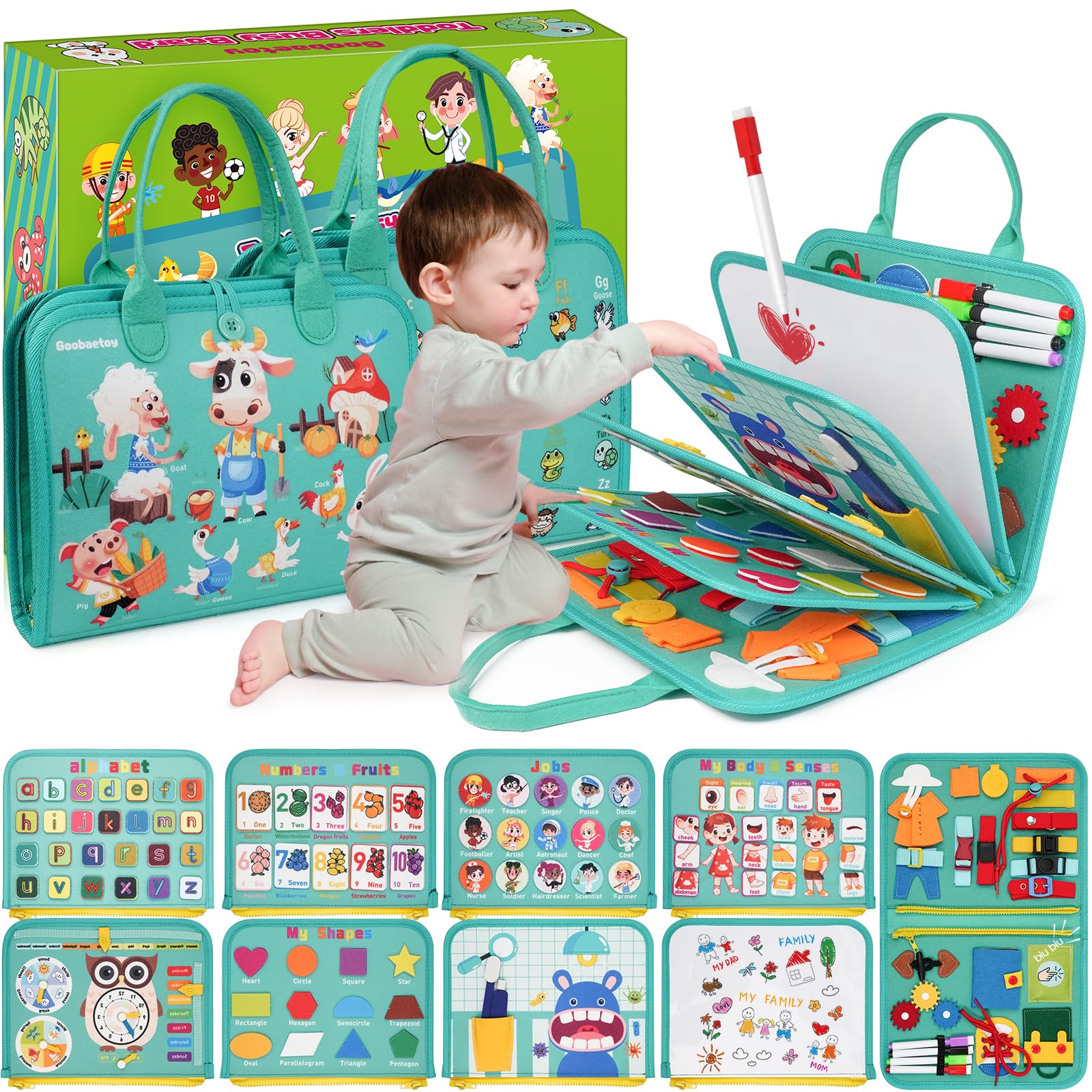 Montessori Busy Board Sensory Toy for Toddlers 1-6 Years Old - 10 Pages & 32 Educational Activities - Airplane & Car Travel Learning Toy - Autism Friendly - Birthday Gift for Boys & Girls (Cyan) | Perfect for Travel, Home Learning & Sensory Development