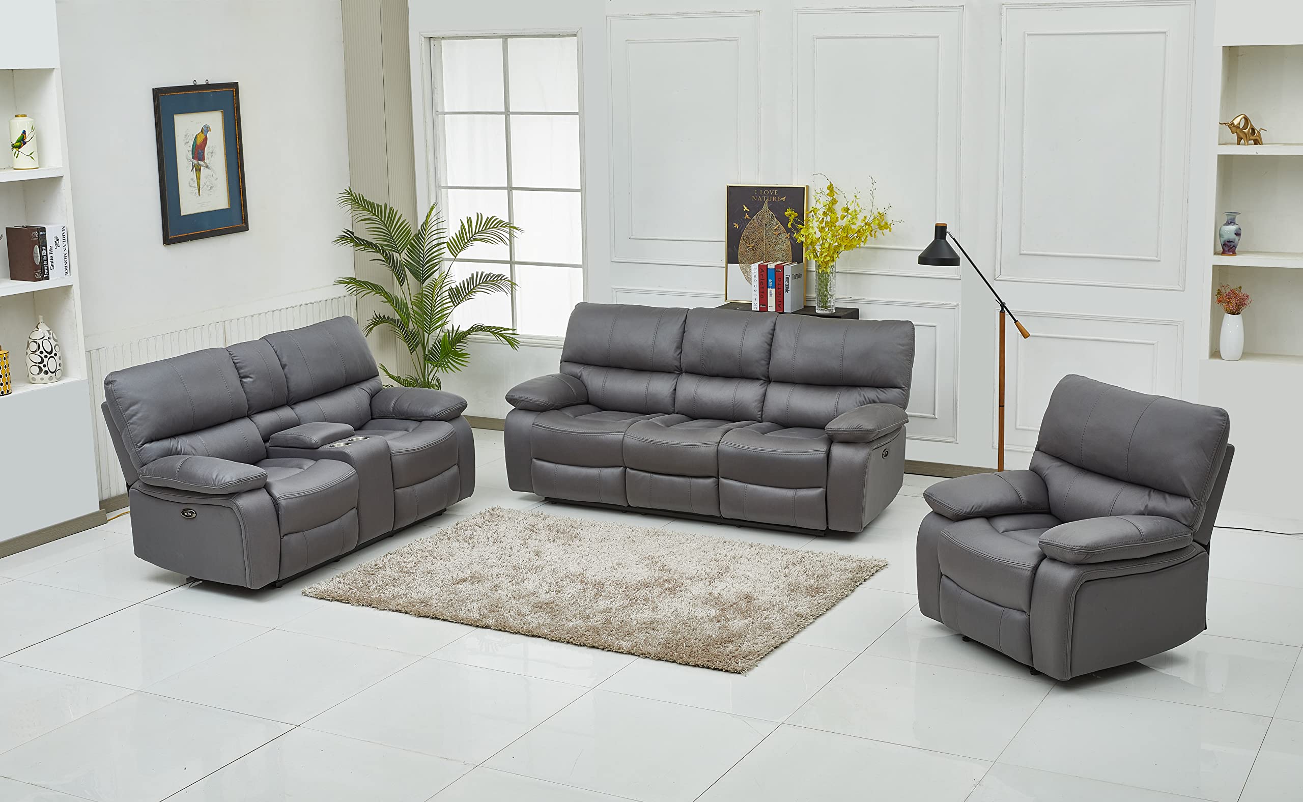 Betsy Furniture Microfiber Power Reclining Sofa Set - 3-Piece Living Room Set with Power Sofa, Loveseat & Chair (Grey) - Perfect for Home Theater, Family Rooms & Relaxation