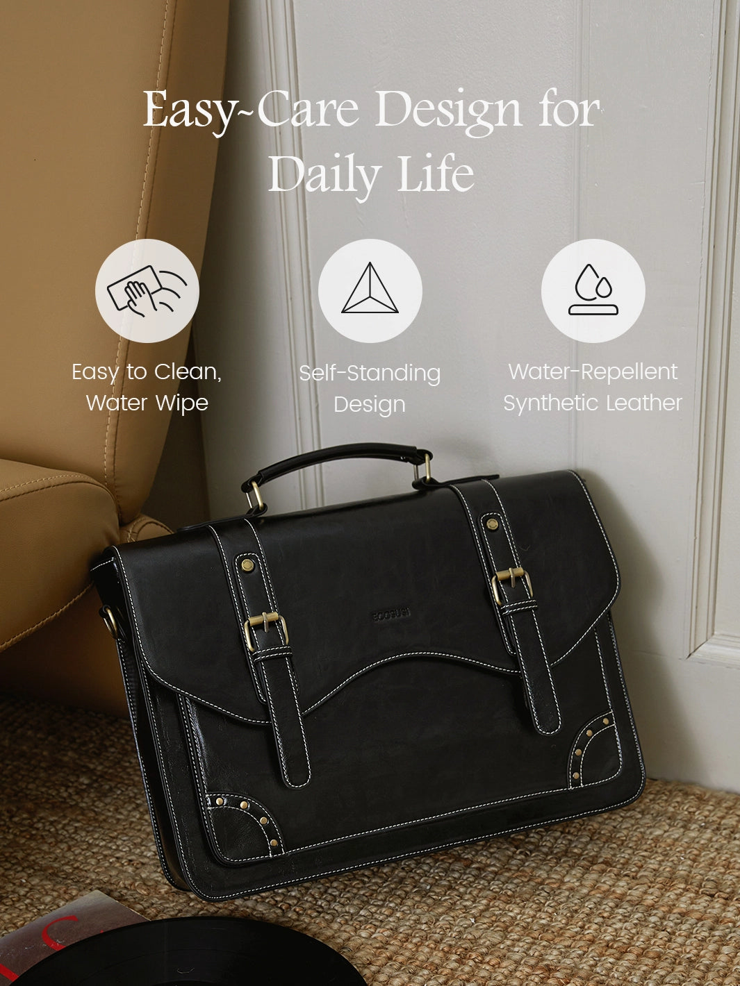 Vintage Style 15.6 Inch Leather Briefcase for Men - Classic Business Laptop Bag with Rivet Details - Perfect for Office, Travel & Daily Commute