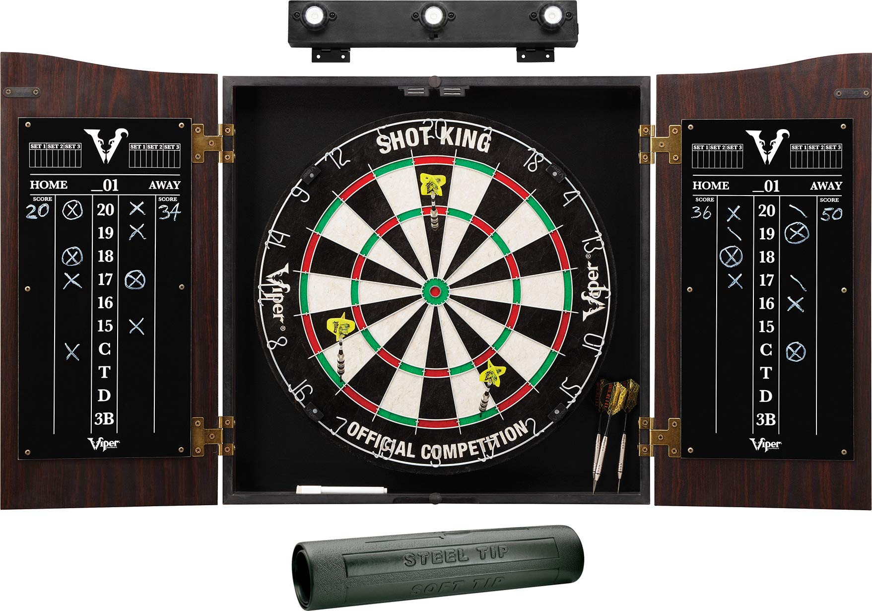 Premium GLD Products Viper Vault Cabinet with Shot King Sisal Dartboard - Includes Padded Dart Mat & Shadow Buster LED Dartboard Lights (Black) - Perfect for Game Rooms, Bars, and Home Entertainment Spaces