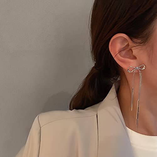 Elegant Rhinestone Bow Tassel Earrings for Women - Long Crystal Dangle Statement Earrings in Gold & Silver - Lightweight Ribbon Jewelry for Parties, Weddings & Special Occasions