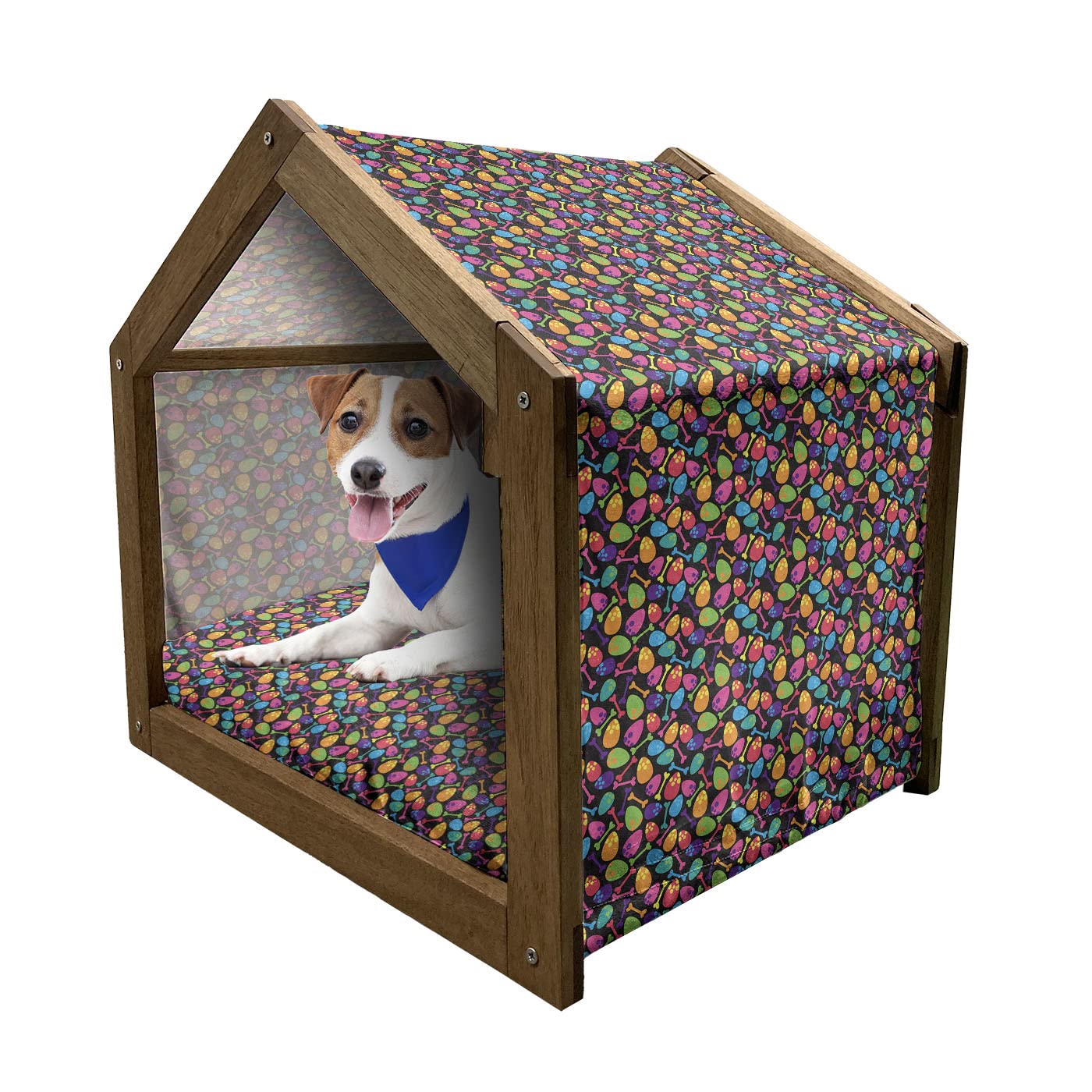 Ambesonne Velociraptor Wooden Pet House for Small Dogs - Dinosaur Themed Indoor & Outdoor Portable Dog Kennel with Pillow & Cover - Funny T-Rex Easter Cartoon Design - Perfect for Home, Garden, and Travel Use - Multicolor