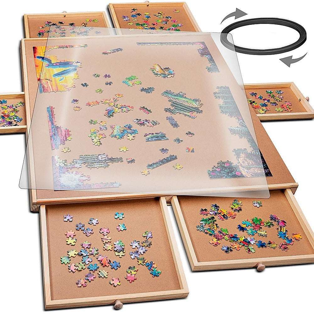 1500 Piece Rotating Wooden Jigsaw Puzzle Table with 6 Storage Drawers - Large Puzzle Board for Adults & Kids - Perfect for Family Game Night, Classroom Activities & Relaxation Therapy